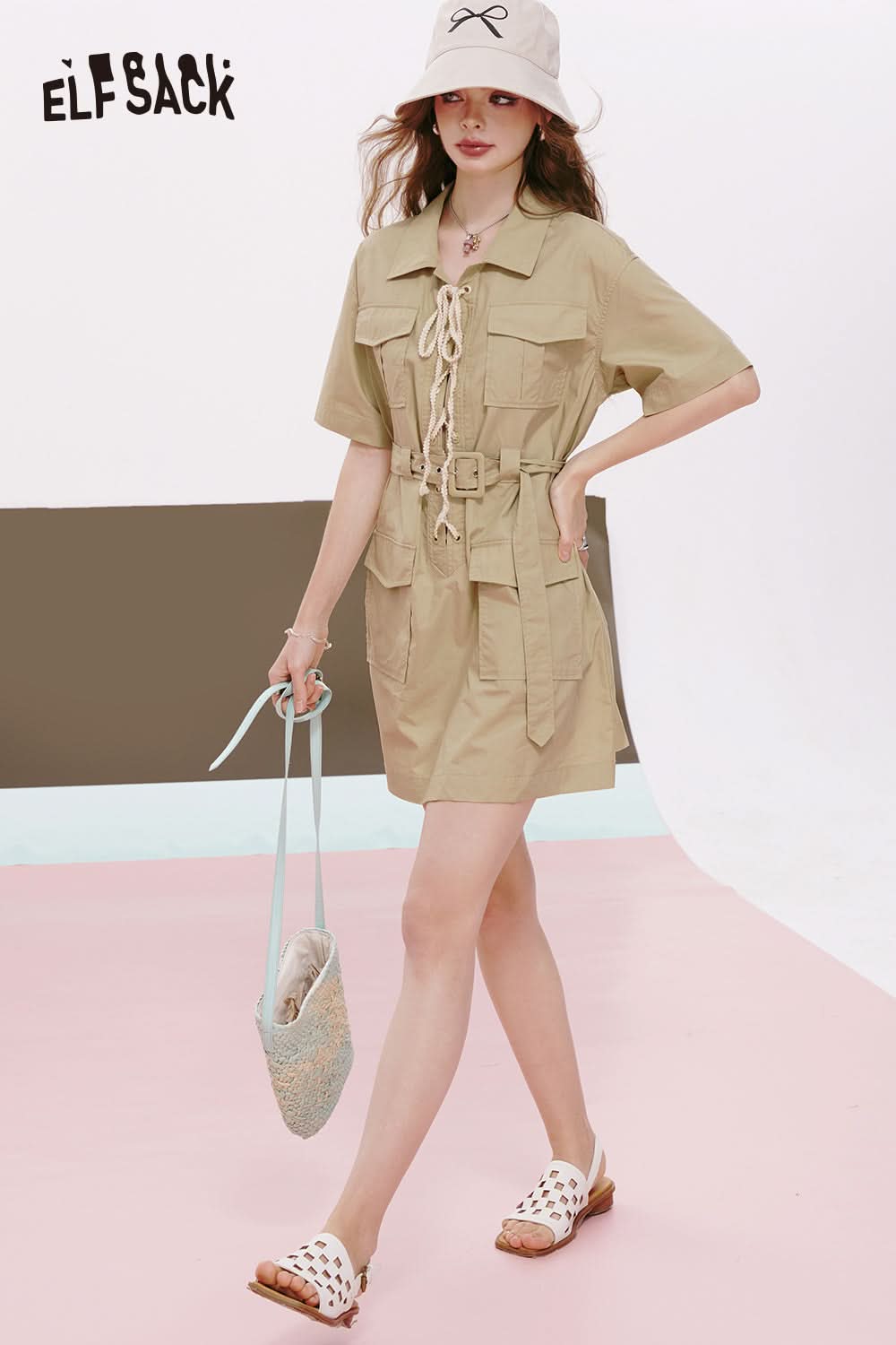 ELFSACK Yellow suit collar workwear style small slim temperament skirt waist dress