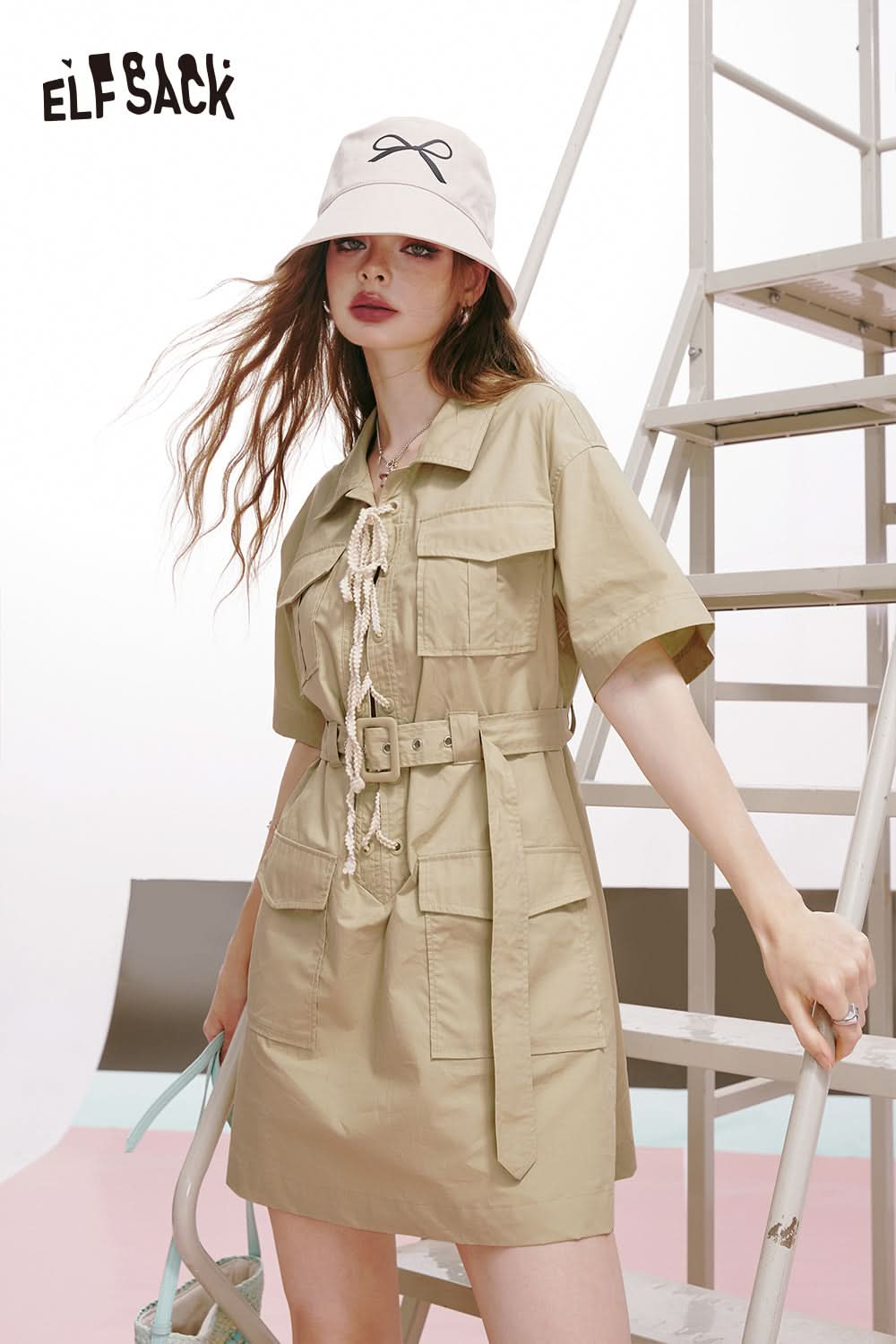 ELFSACK Yellow suit collar workwear style small slim temperament skirt waist dress