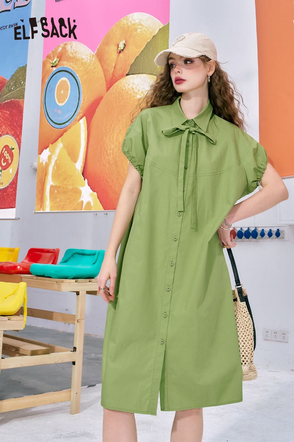 ELFSACK Green puff sleeve waist high-end temperament slim shirt dress