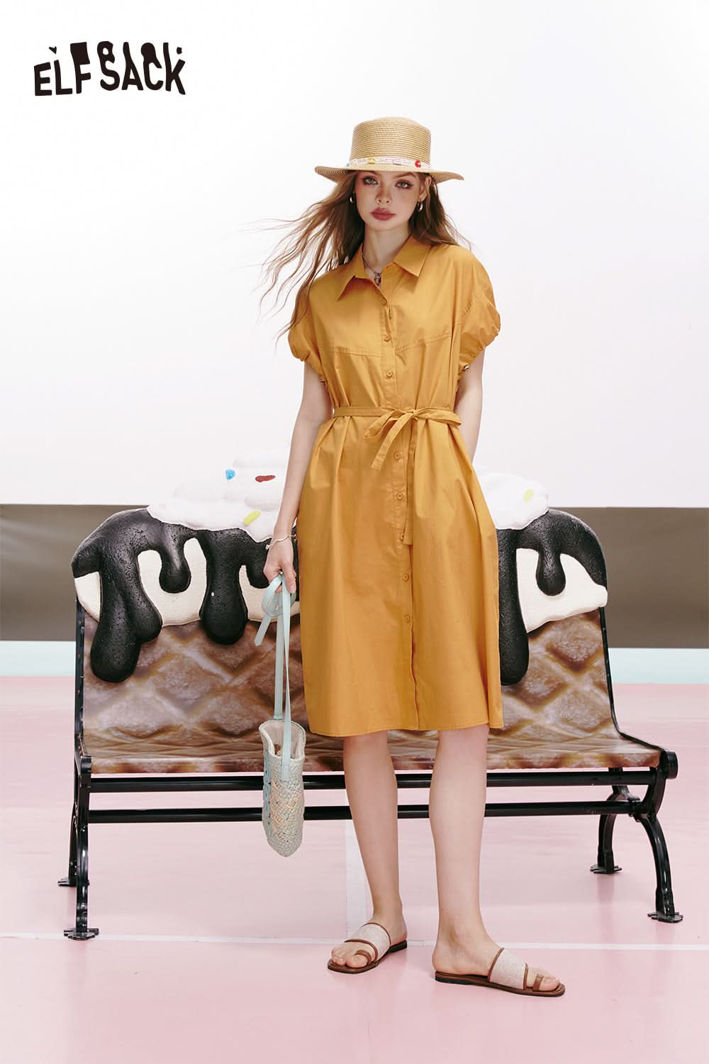 ELFSACK Green puff sleeve waist high-end temperament slim shirt dress