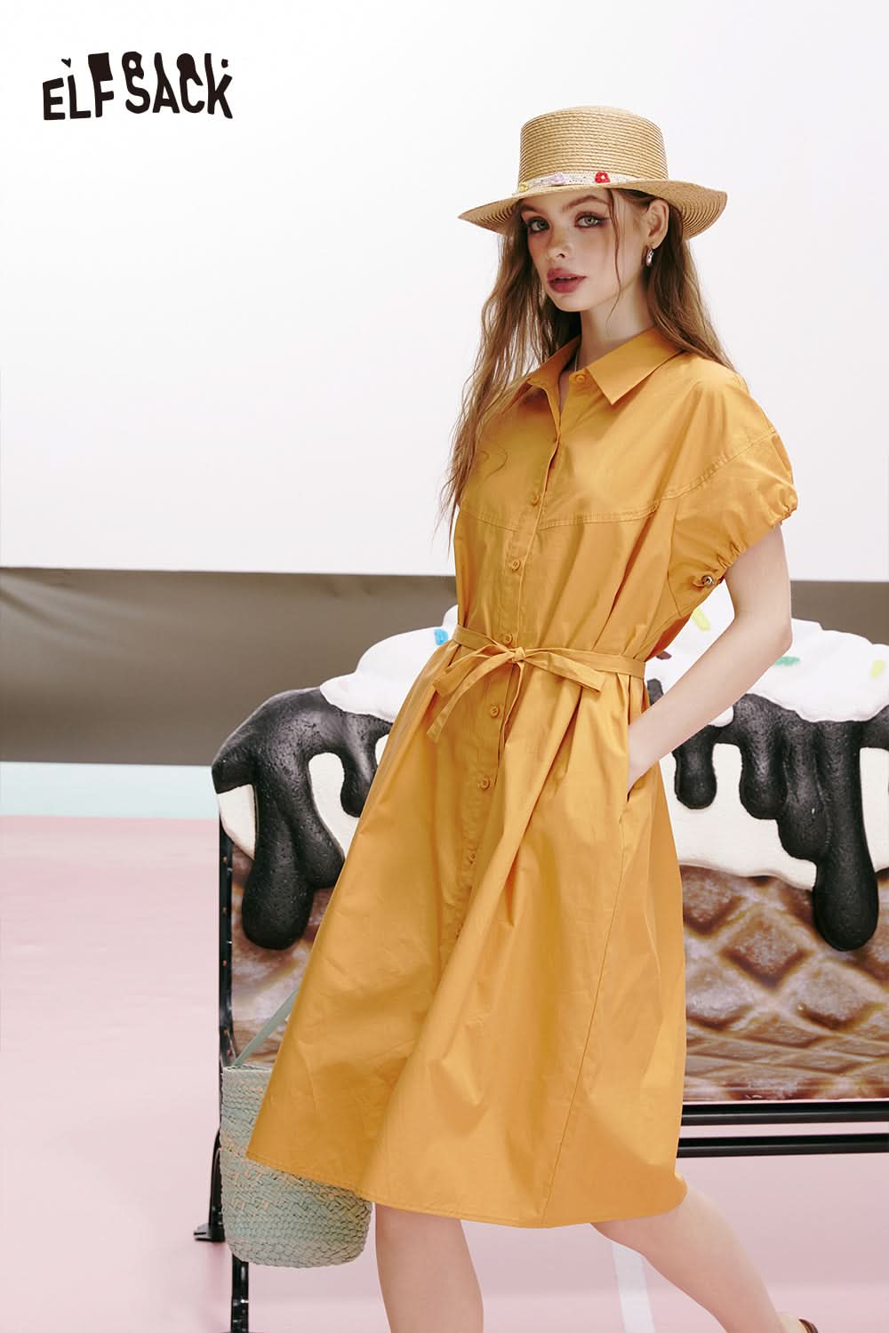 ELFSACK Green puff sleeve waist high-end temperament slim shirt dress