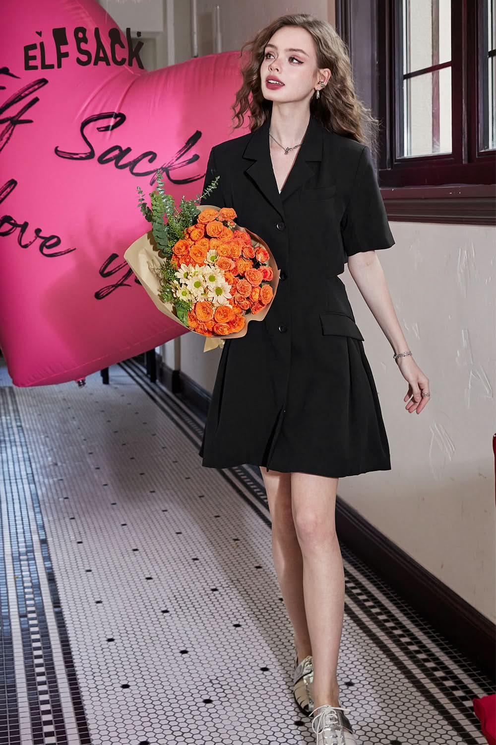 ELFSACK High waist backless black casual slim temperament sexy suit dress