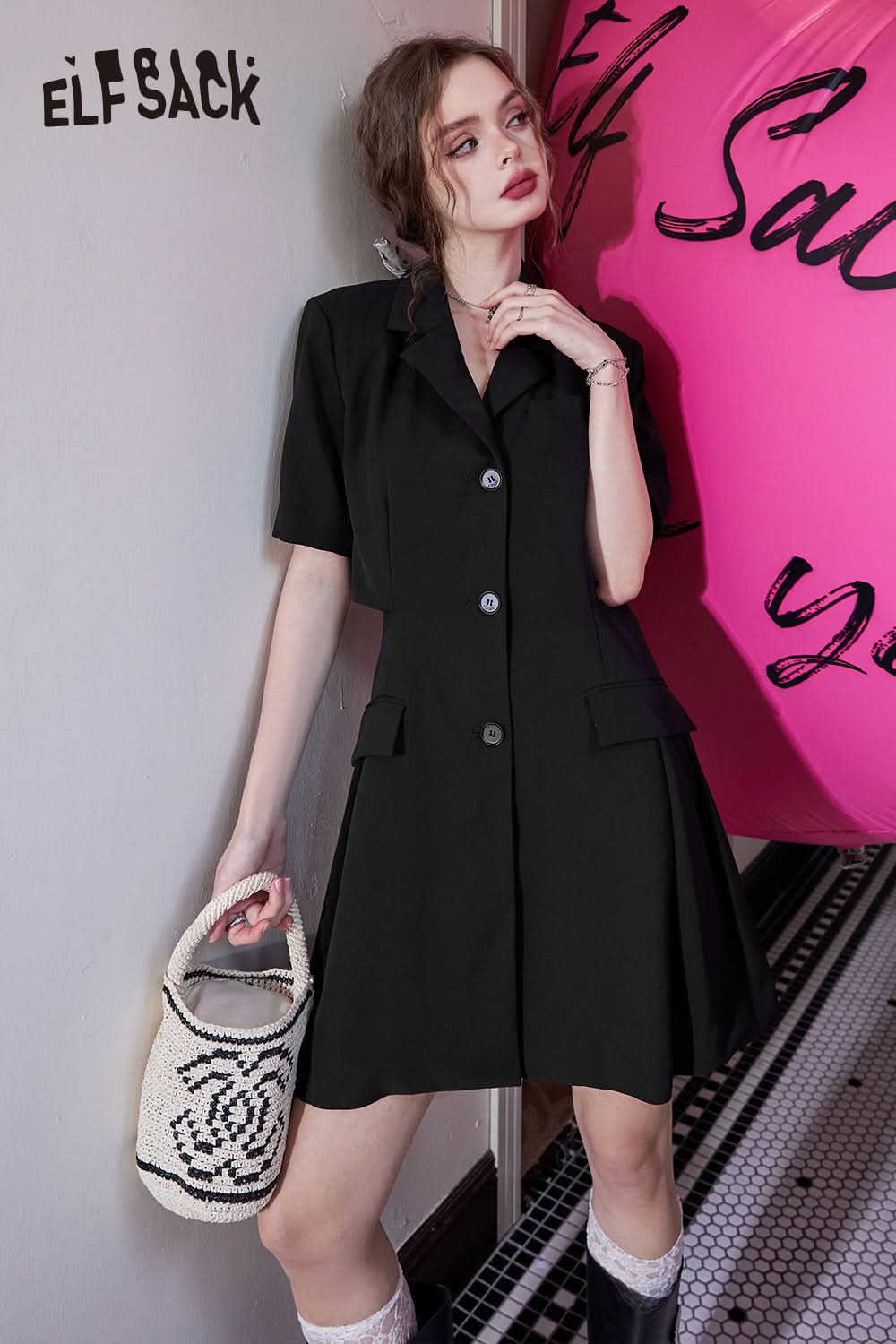 ELFSACK High waist backless black casual slim temperament sexy suit dress