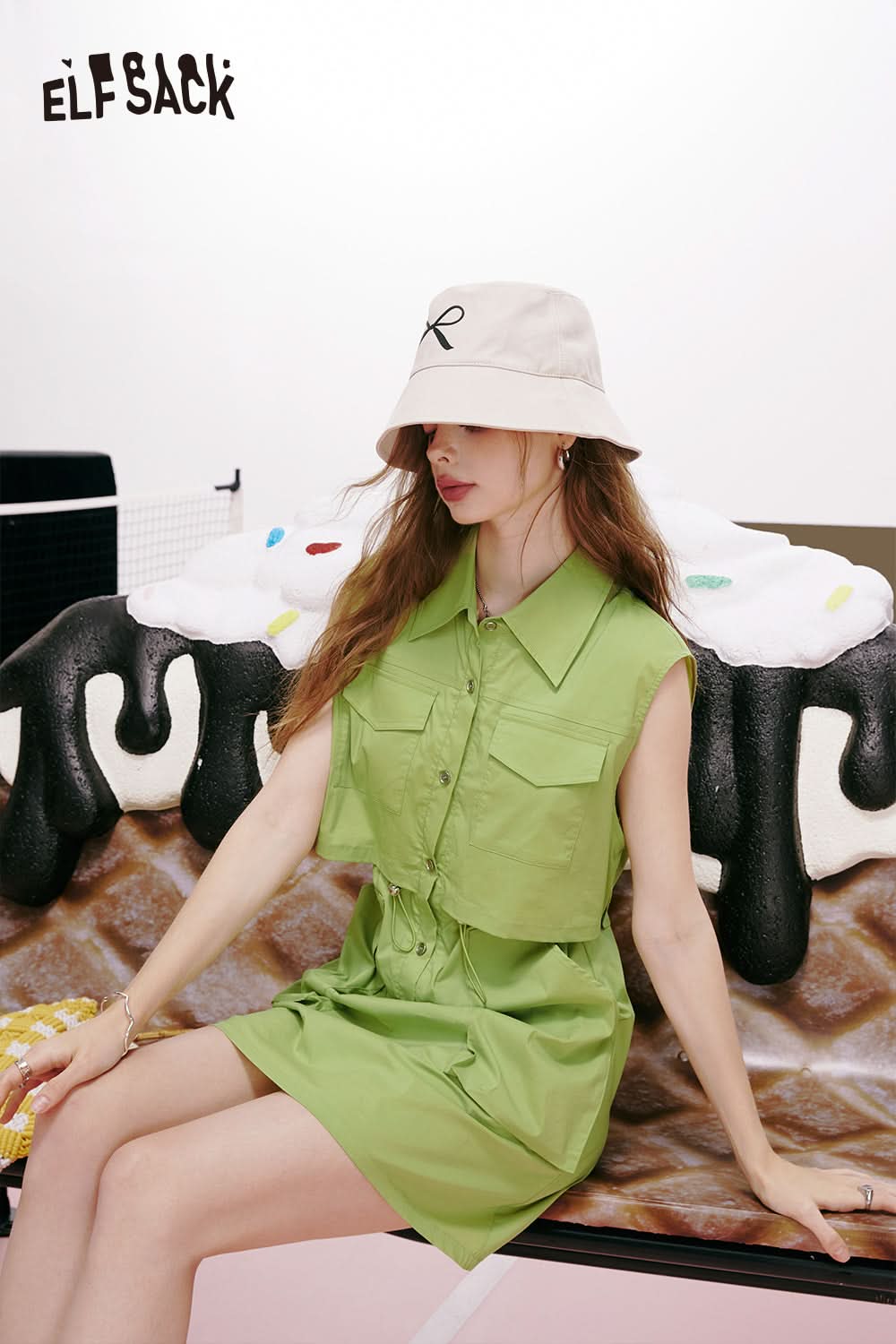 ELFSACK Pink waist-hugging one-piece slimming temperament workwear sleeveless dress