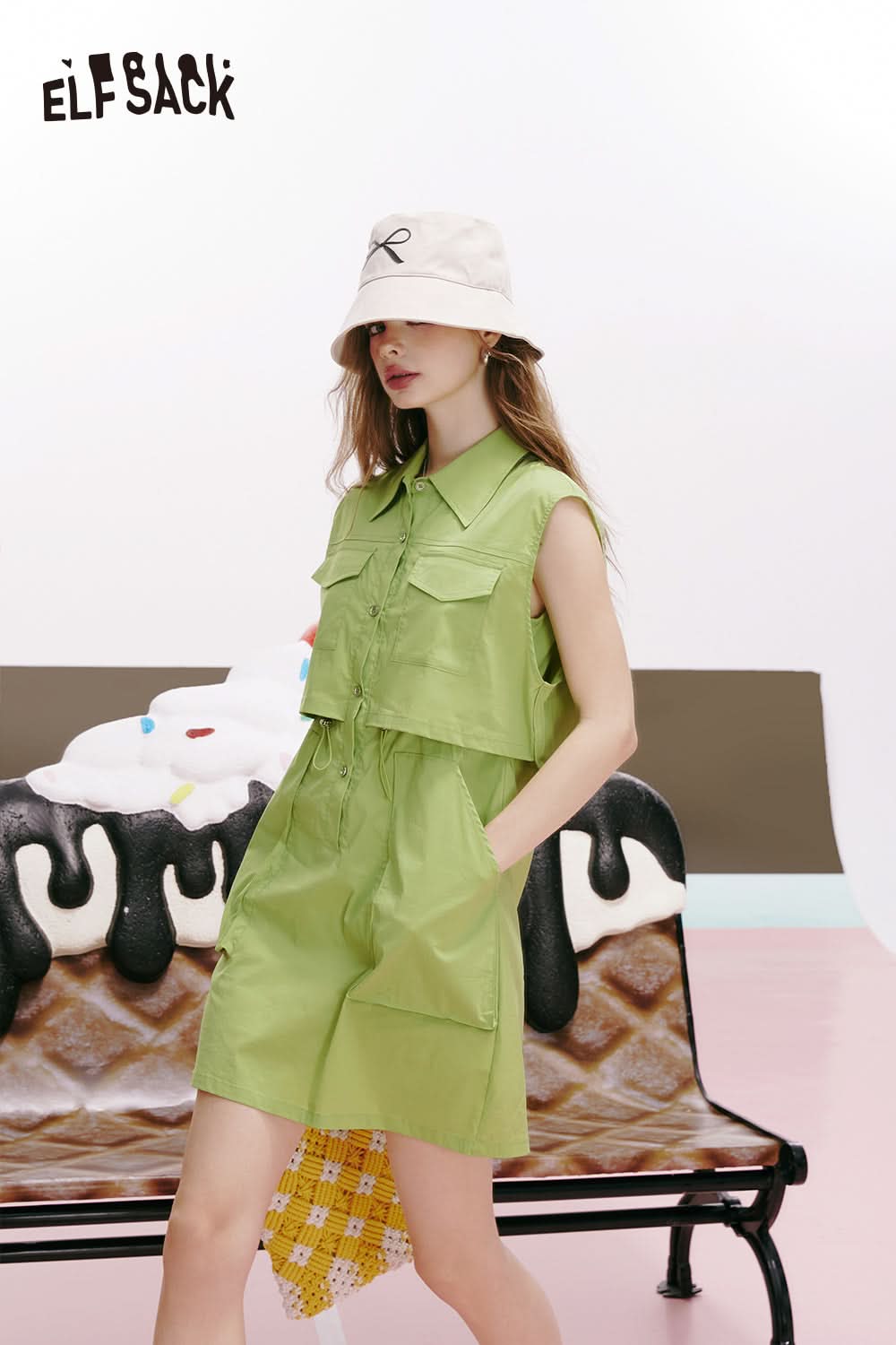 ELFSACK Pink waist-hugging one-piece slimming temperament workwear sleeveless dress
