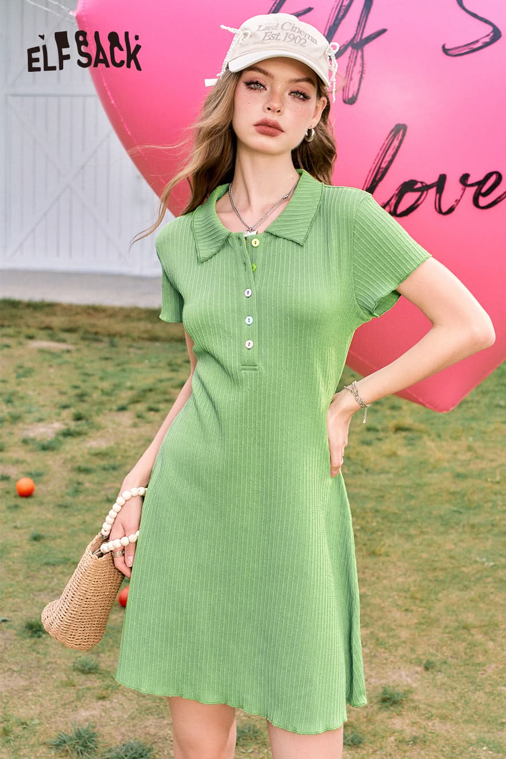 ELFSACK Green casual style lapel button gentle temperament knitted dress