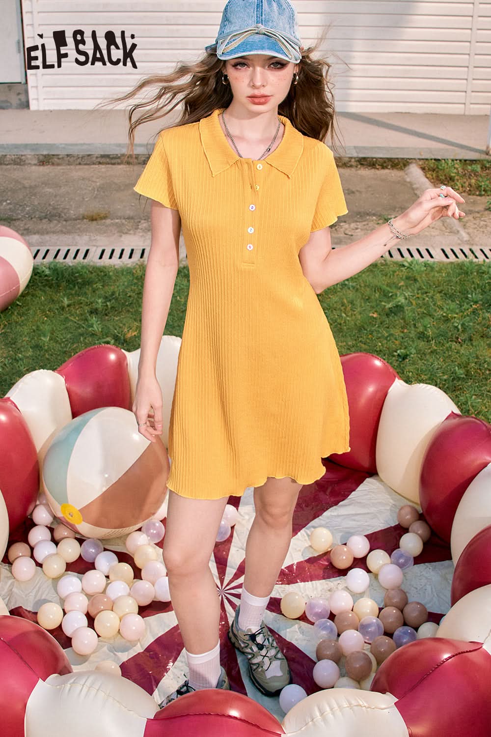 ELFSACK Green casual style lapel button gentle temperament knitted dress