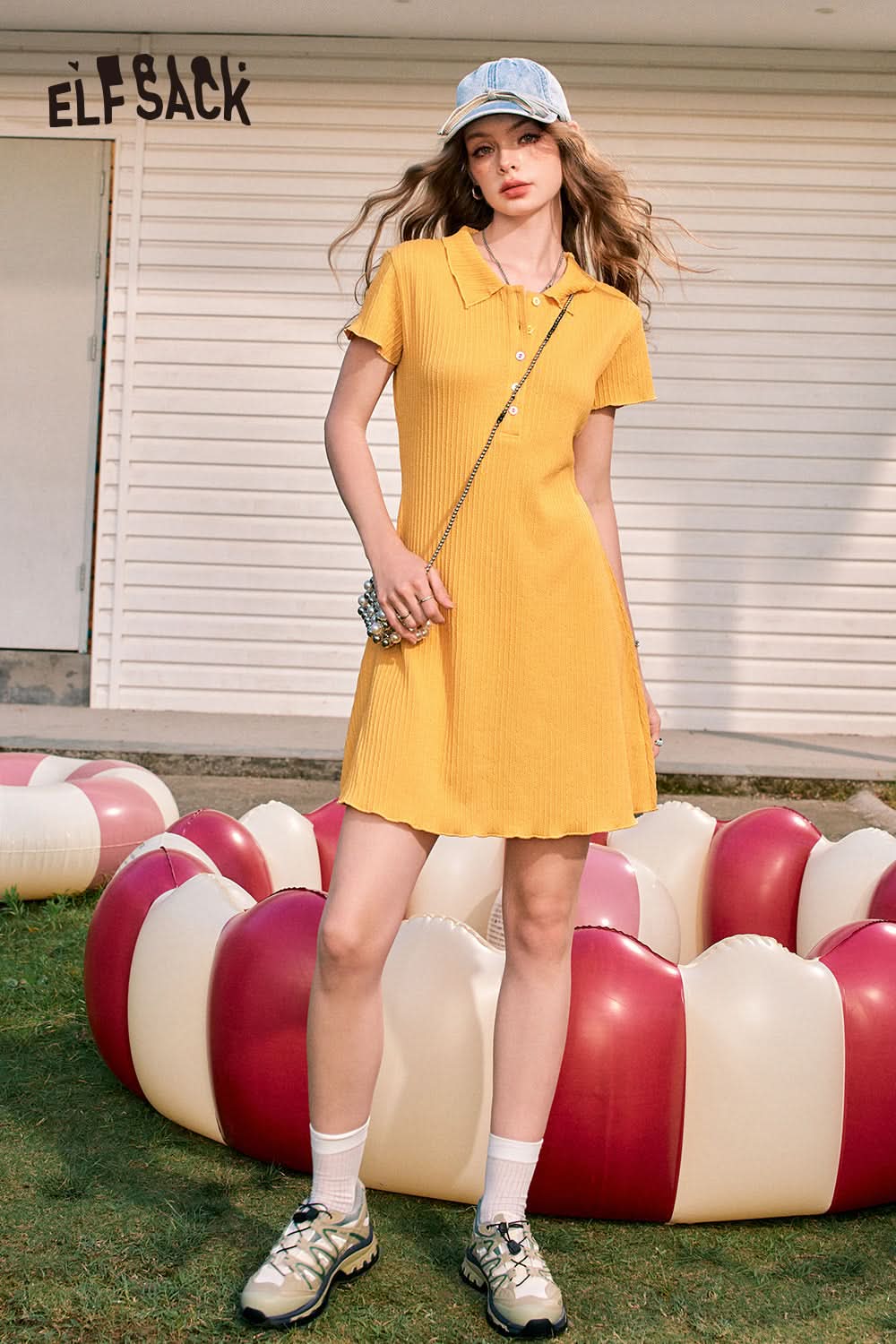 ELFSACK Green casual style lapel button gentle temperament knitted dress