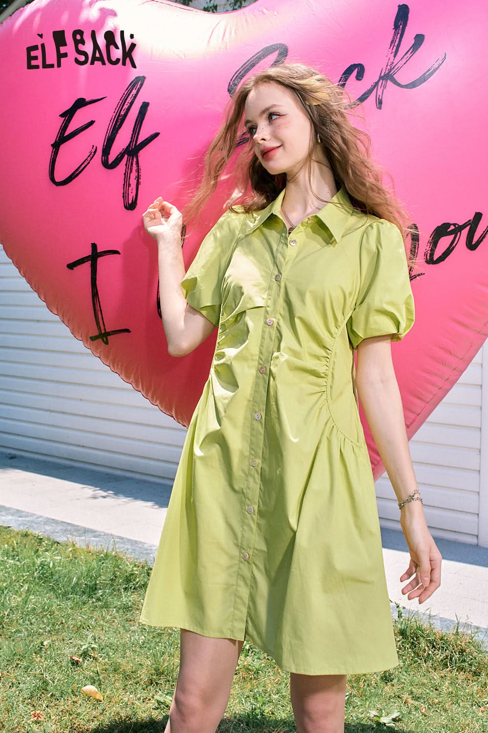 ELFSACK Pink Puff Sleeve Waisted Gentle Style Princess Shirt Dress