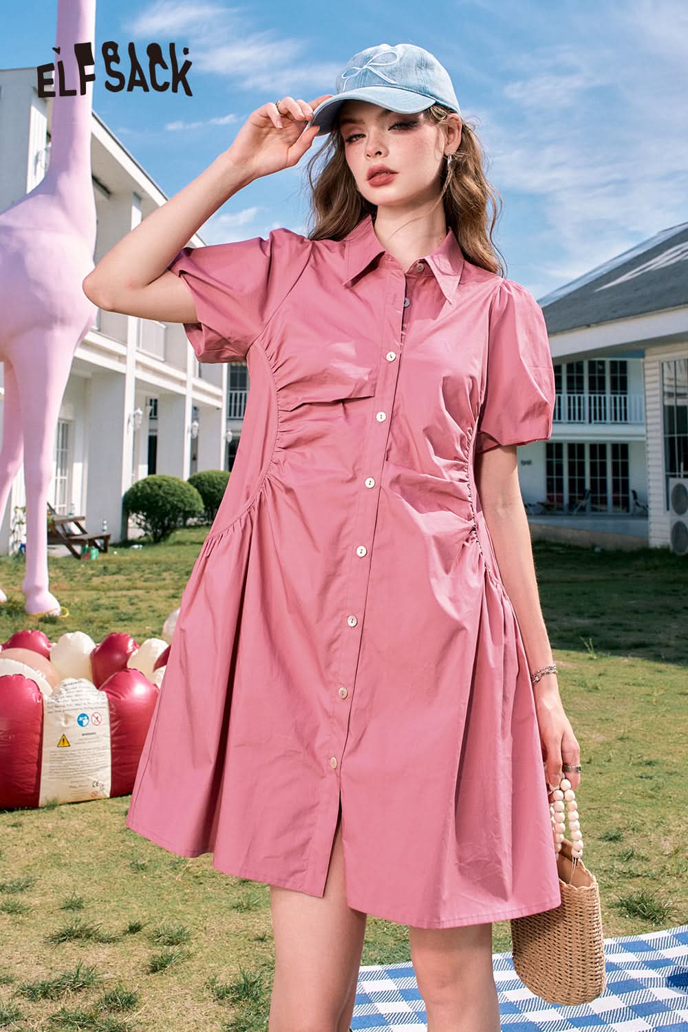 ELFSACK Pink Puff Sleeve Waisted Gentle Style Princess Shirt Dress