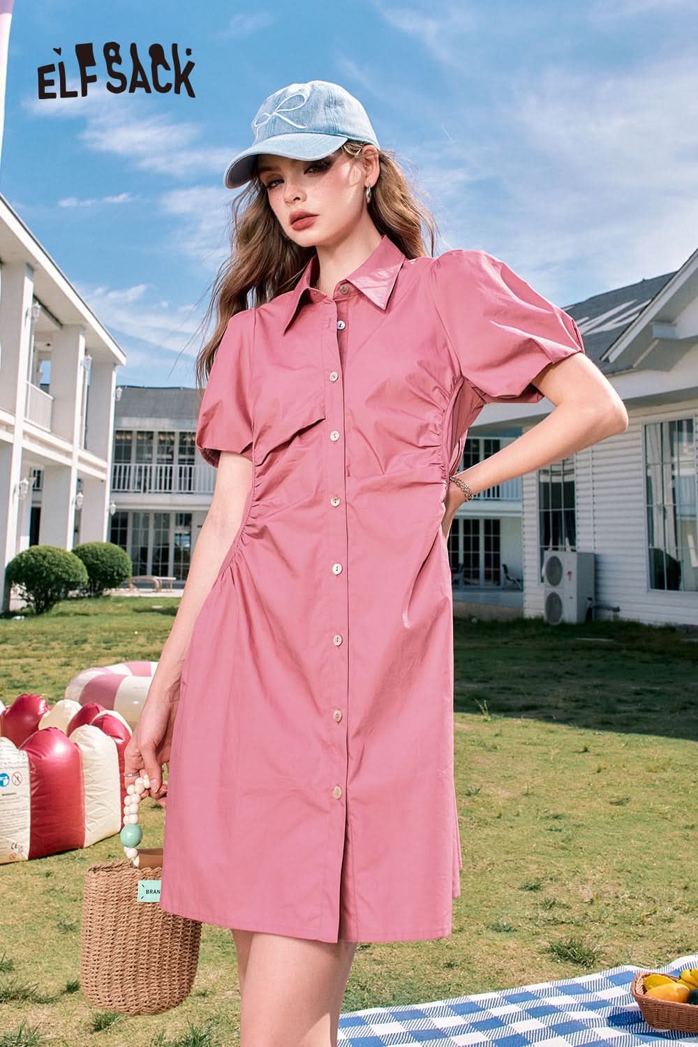 ELFSACK Pink Puff Sleeve Waisted Gentle Style Princess Shirt Dress