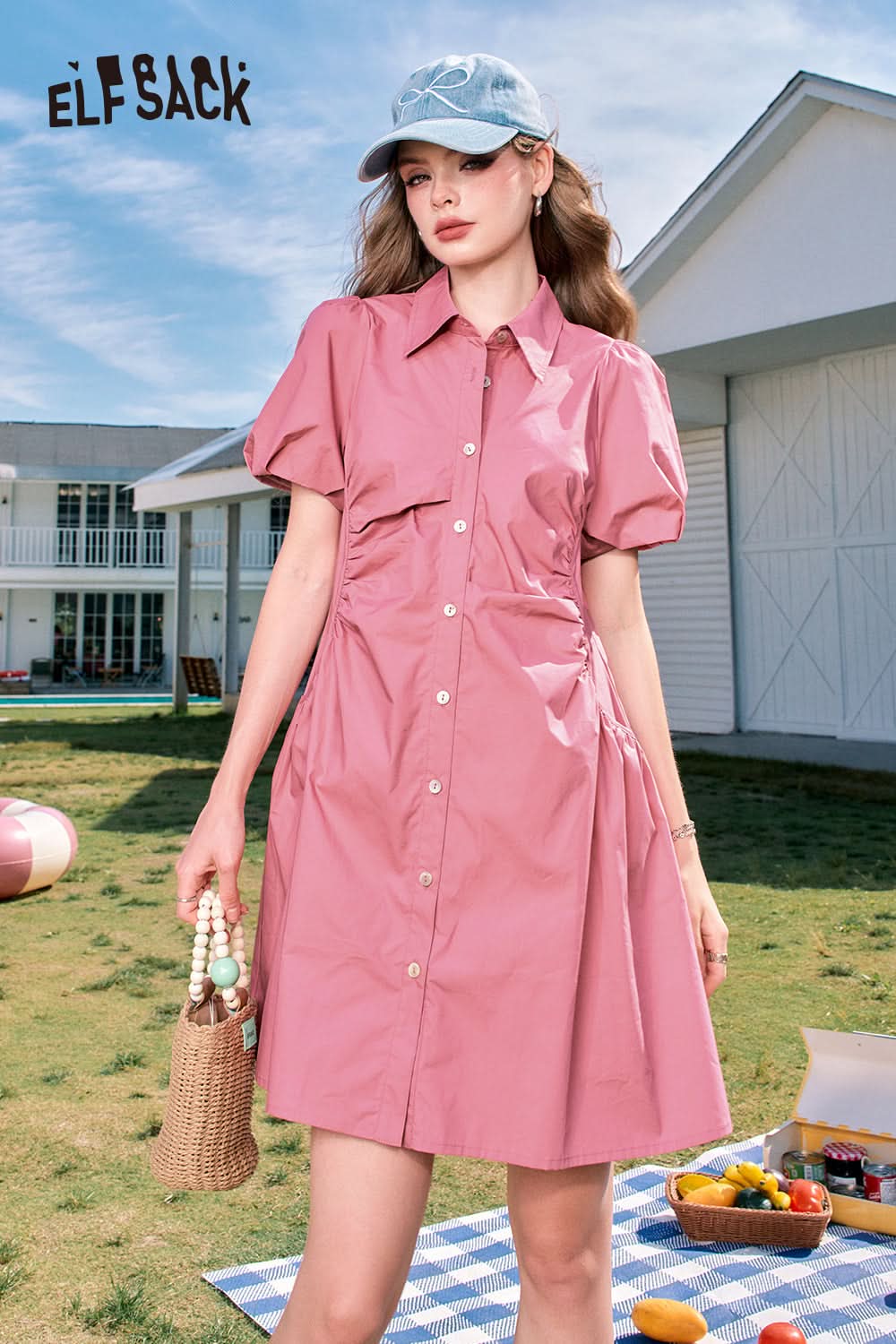 ELFSACK Pink Puff Sleeve Waisted Gentle Style Princess Shirt Dress