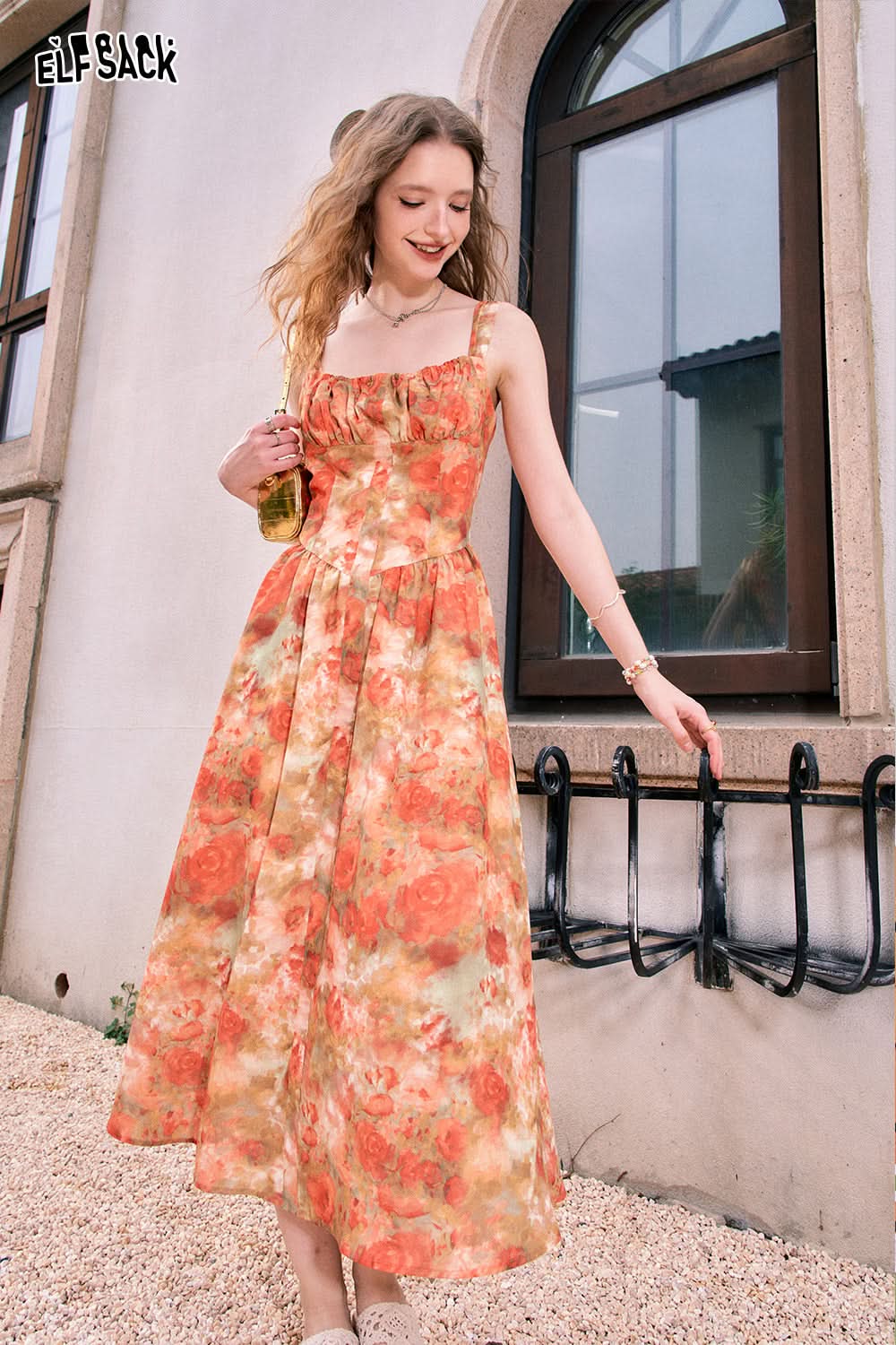 ELFSACK French retro oil painting printed camisole dress with waistband, light and sexy summer vacation dress