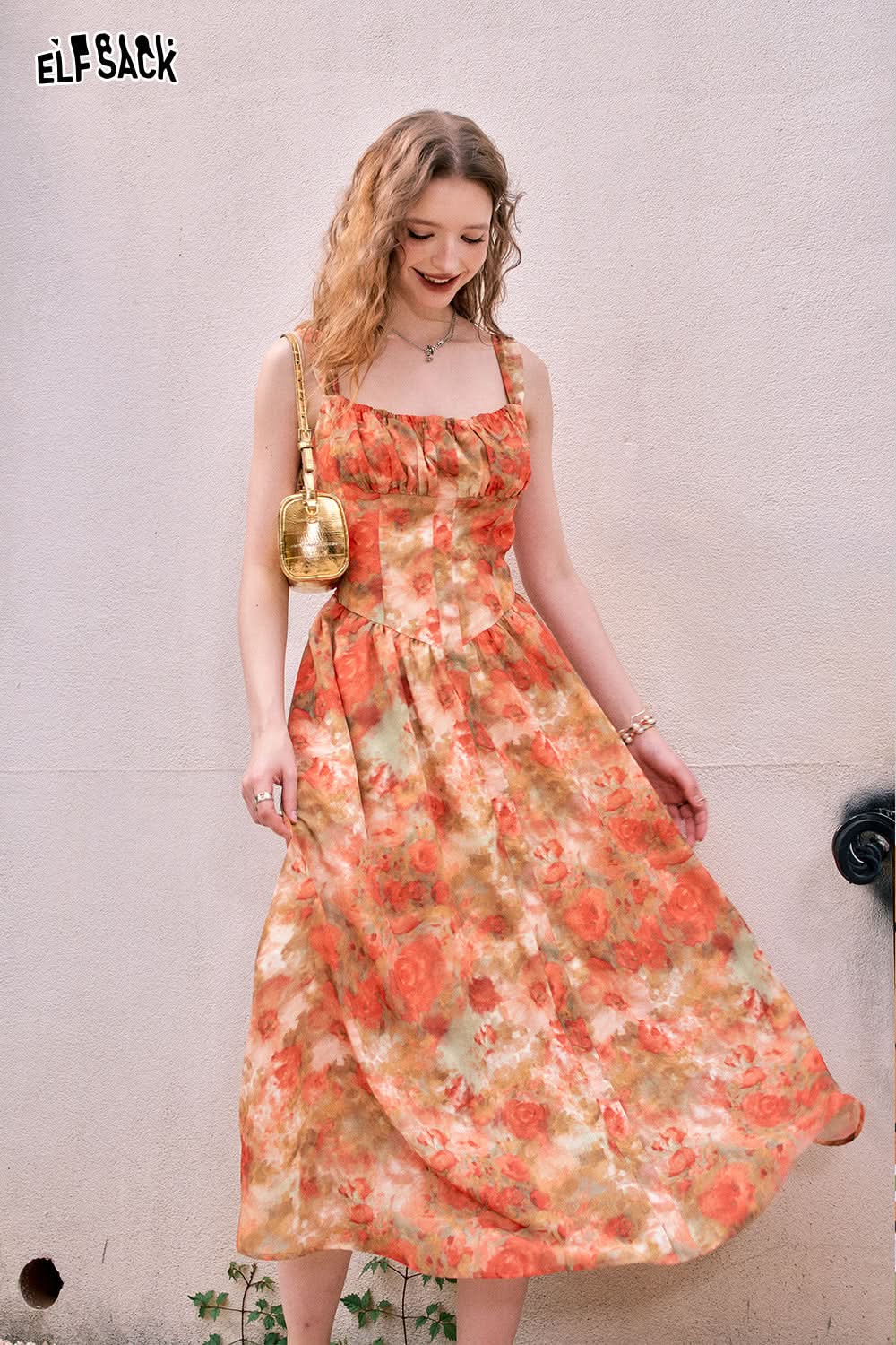 ELFSACK French retro oil painting printed camisole dress with waistband, light and sexy summer vacation dress