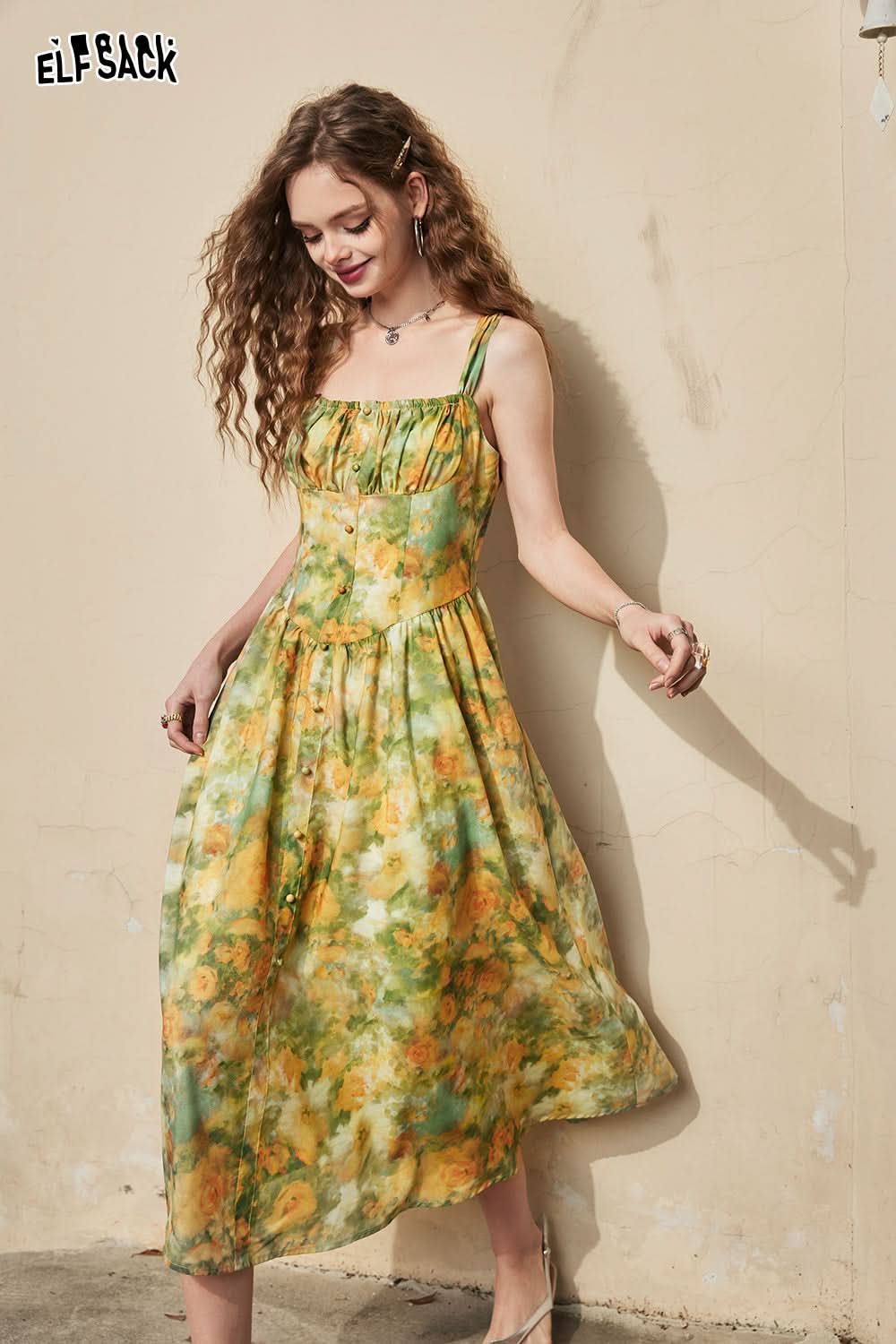 ELFSACK French retro oil painting printed camisole dress with waistband, light and sexy summer vacation dress