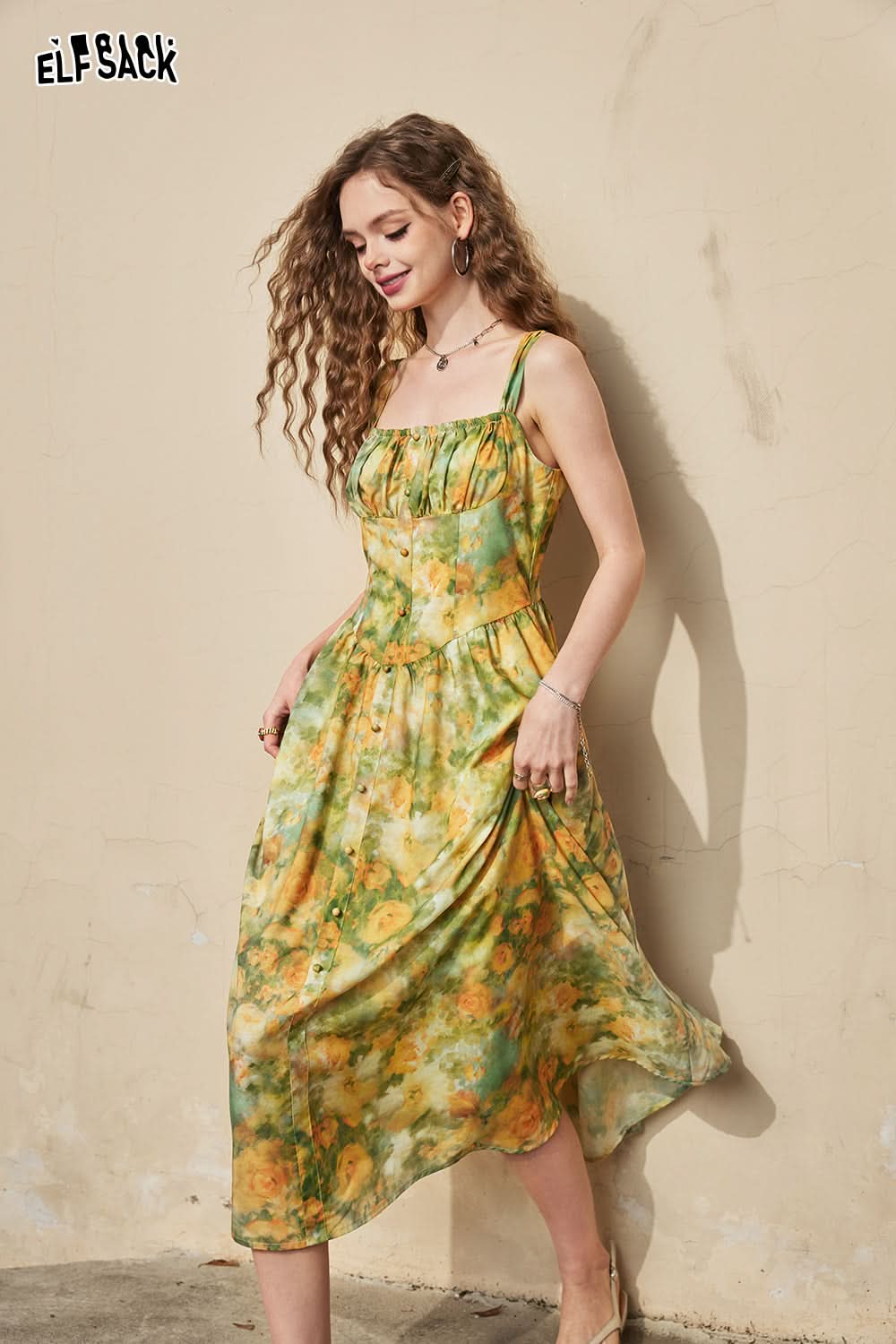 ELFSACK French retro oil painting printed camisole dress with waistband, light and sexy summer vacation dress