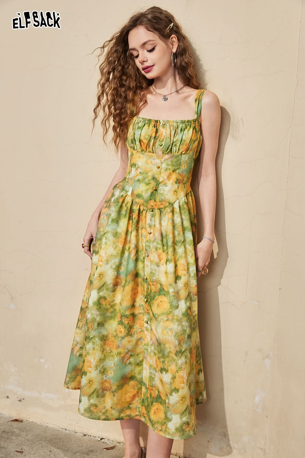 ELFSACK French retro oil painting printed camisole dress with waistband, light and sexy summer vacation dress