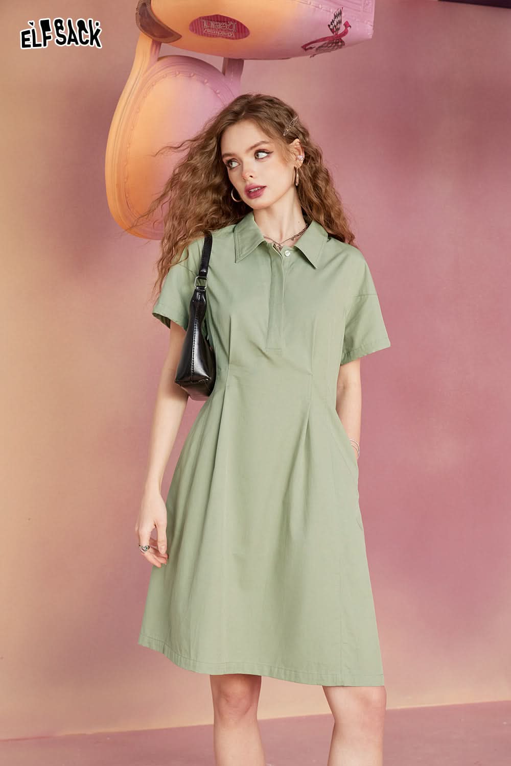 ELFSACK work dress with waistband, military green casual, simple and loose fitting, summer light sports skirt
