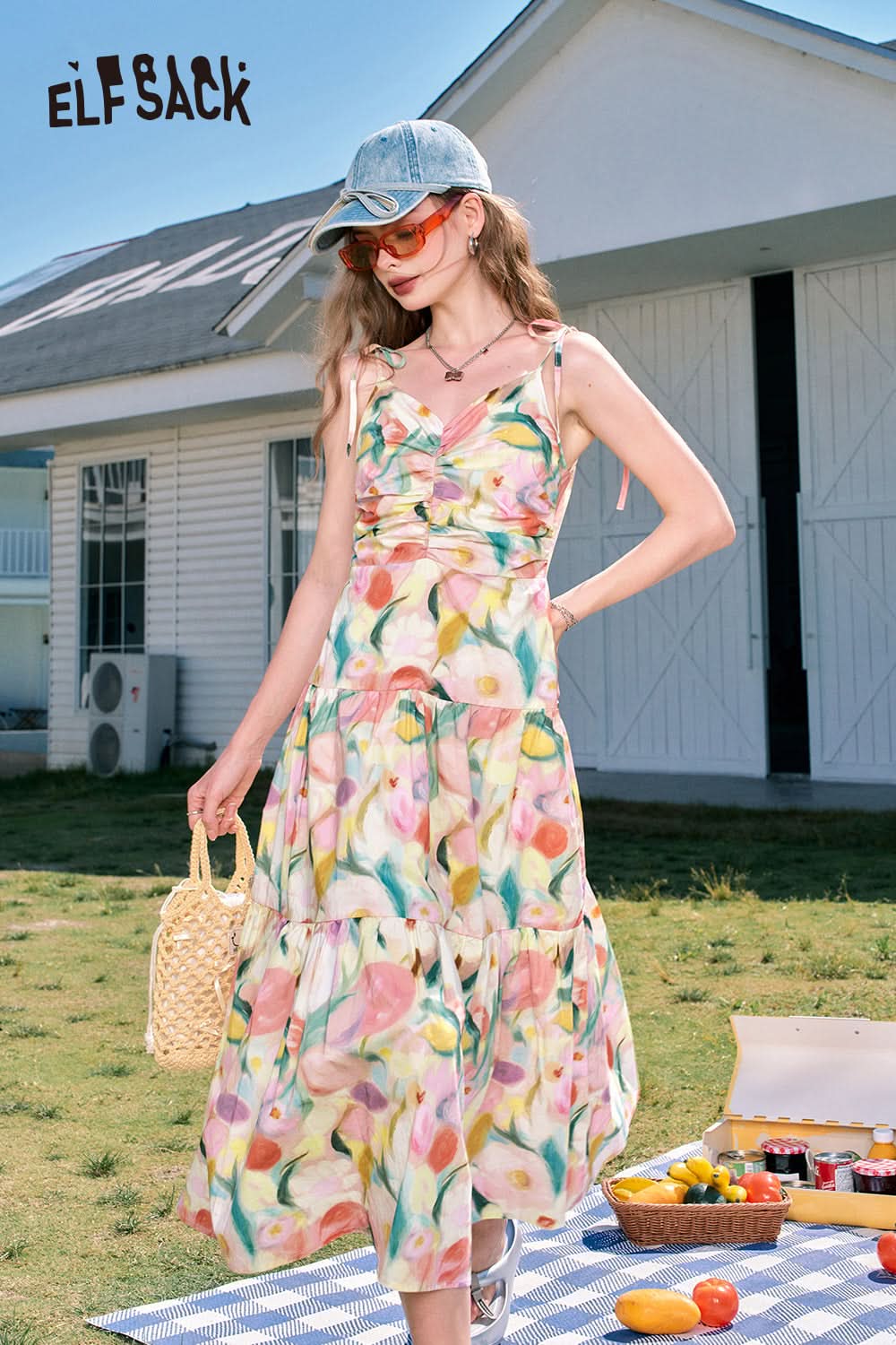 ELFSACK V-neck floral waist slimming holiday style suspender dress