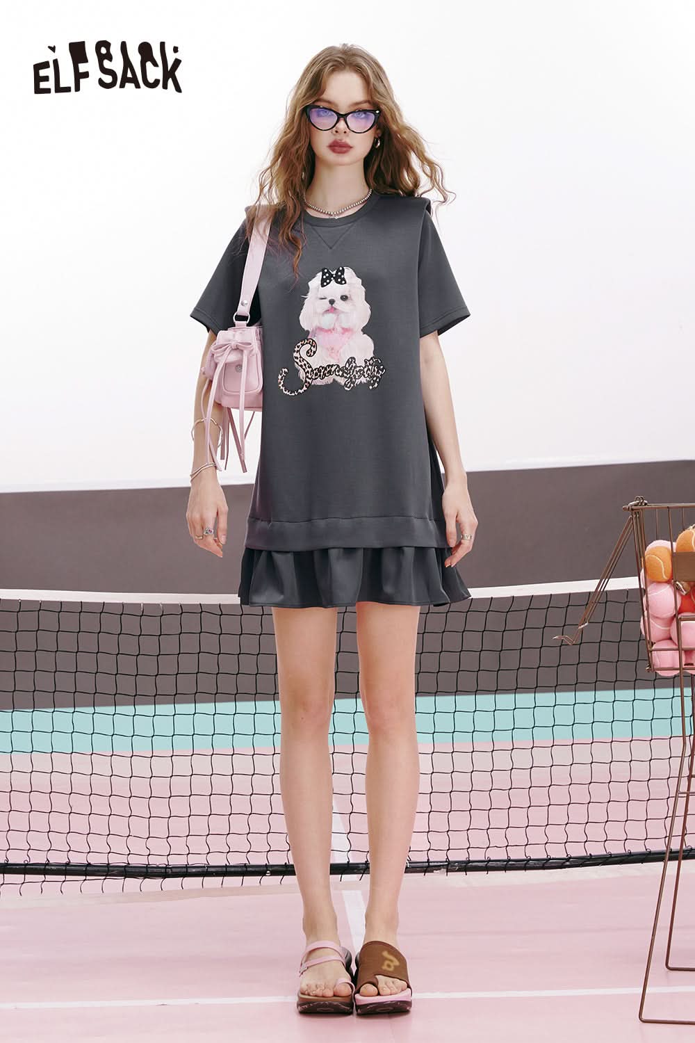 ELFSACK Free style satin stitching print design slimming and age-reducing skirt dress