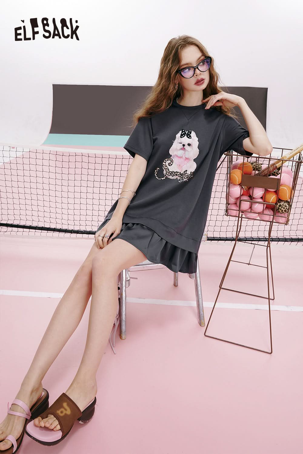 ELFSACK Free style satin stitching print design slimming and age-reducing skirt dress