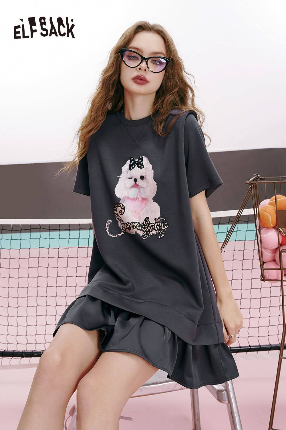 ELFSACK Free style satin stitching print design slimming and age-reducing skirt dress