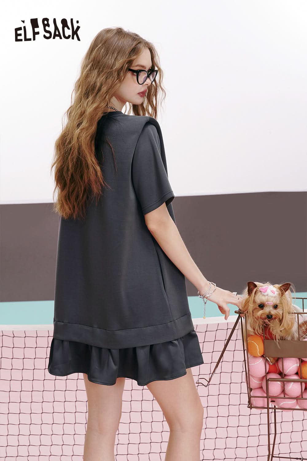 ELFSACK Free style satin stitching print design slimming and age-reducing skirt dress