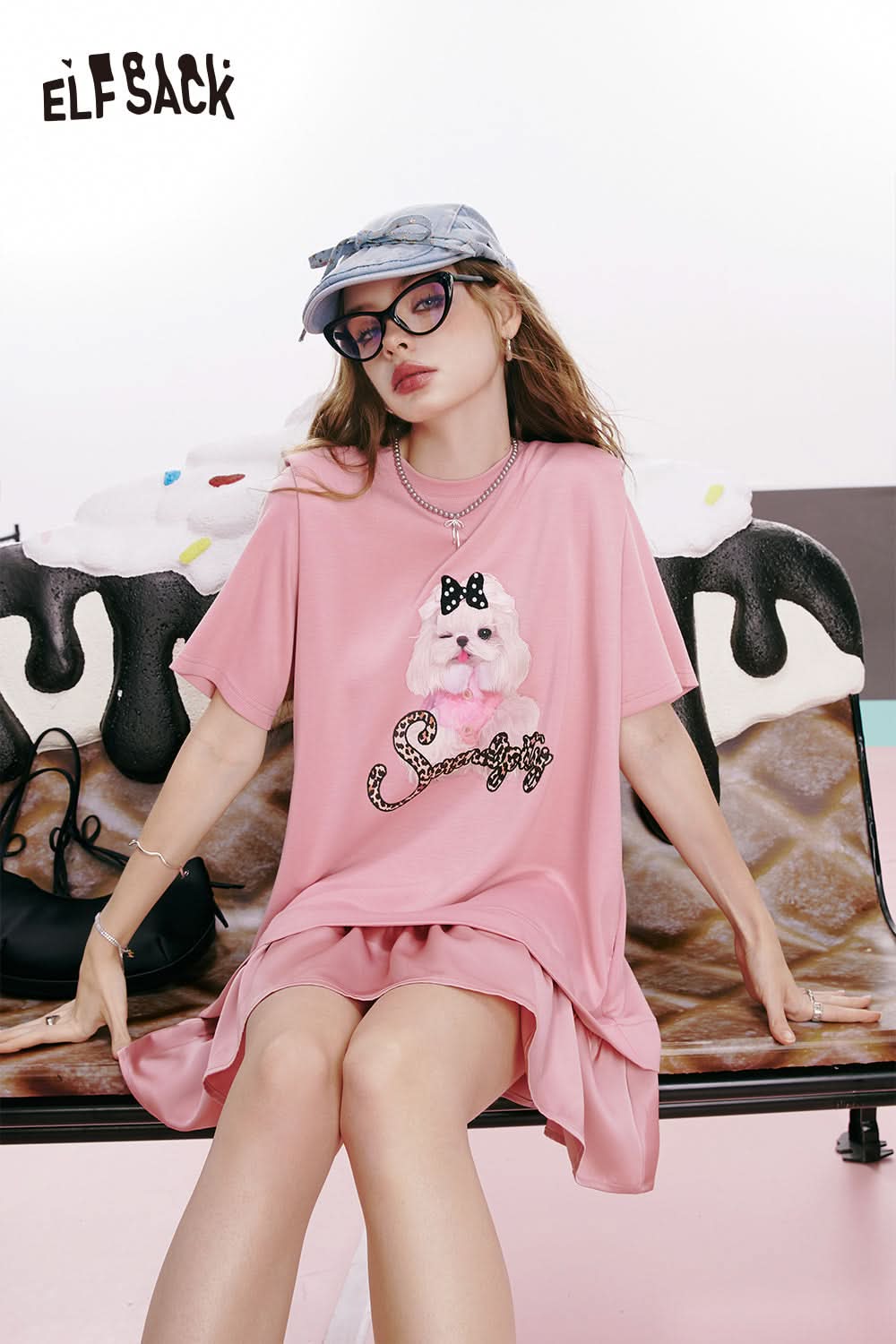 ELFSACK Free style satin stitching print design slimming and age-reducing skirt dress