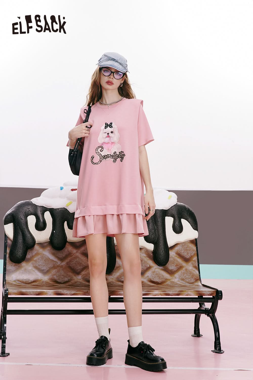 ELFSACK Free style satin stitching print design slimming and age-reducing skirt dress