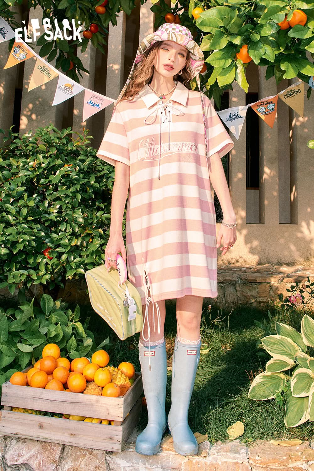 ELFSACK Polo collar striped letter small age-reducing T-shirt dress