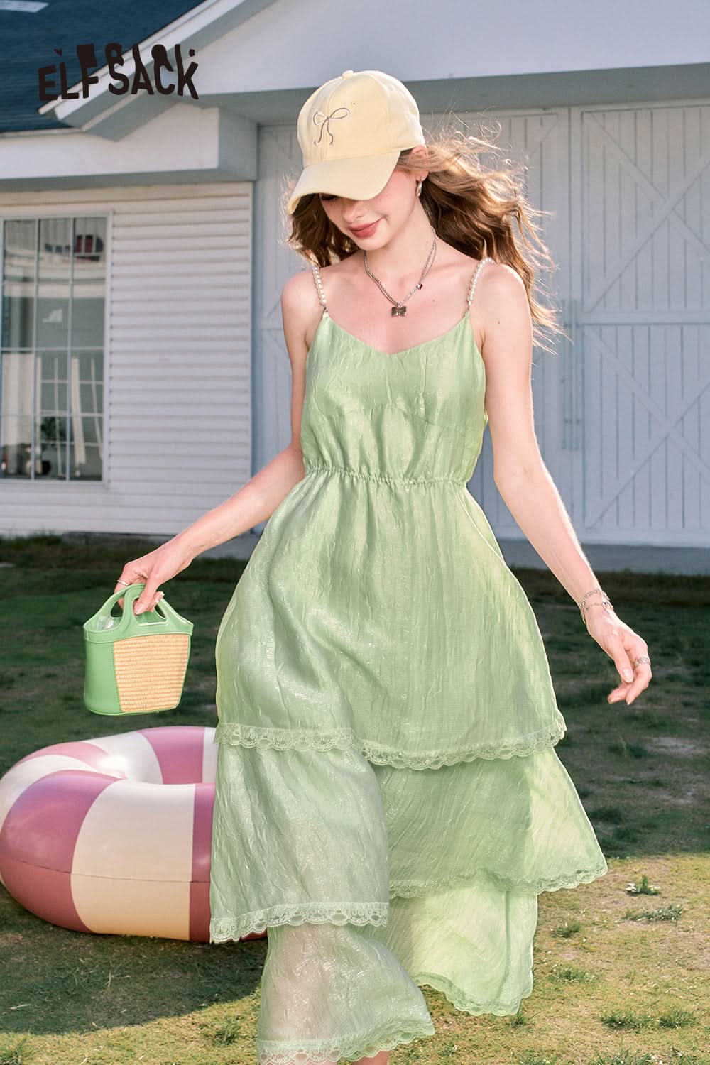 ELFSACK Pearl shoulder strap suspenders waist temperament cake skirt dress