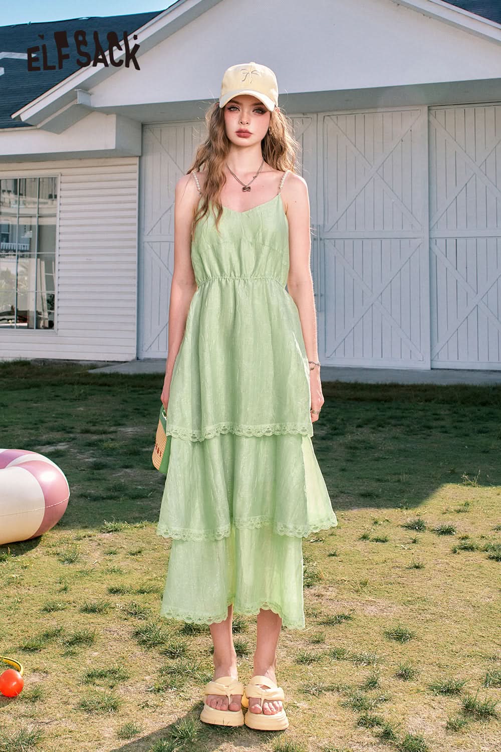 ELFSACK Pearl shoulder strap suspenders waist temperament cake skirt dress