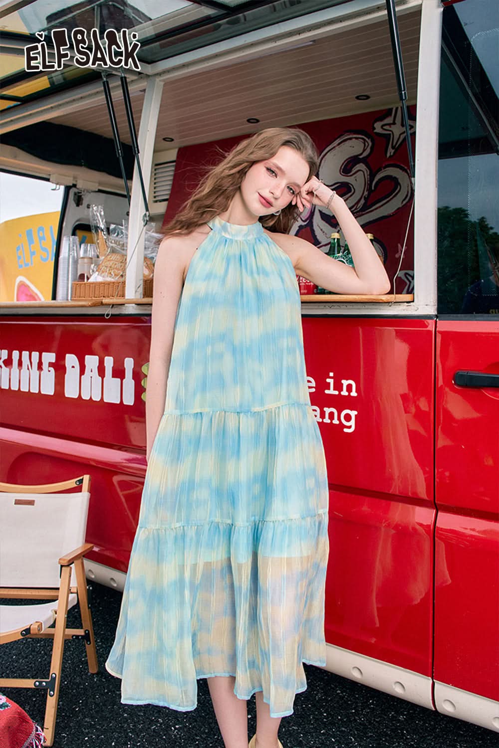 ELFSACK French gradient hanging neck dress, women's sleeveless temperament, vacation style long dress