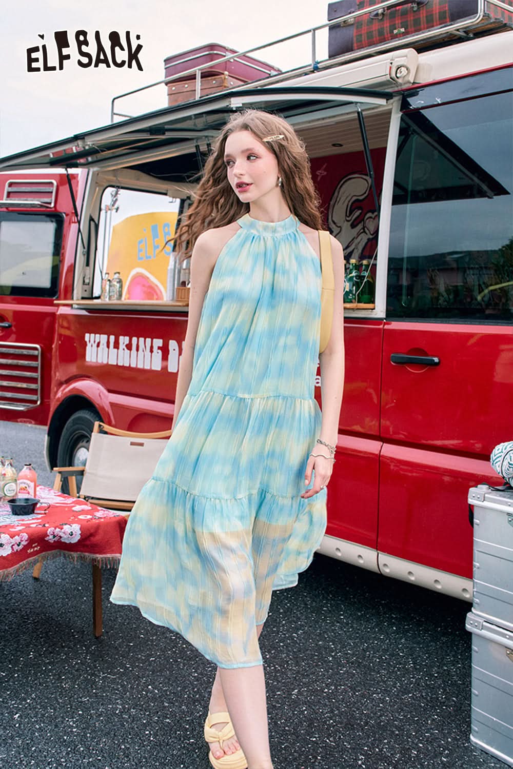 ELFSACK French gradient hanging neck dress, women's sleeveless temperament, vacation style long dress