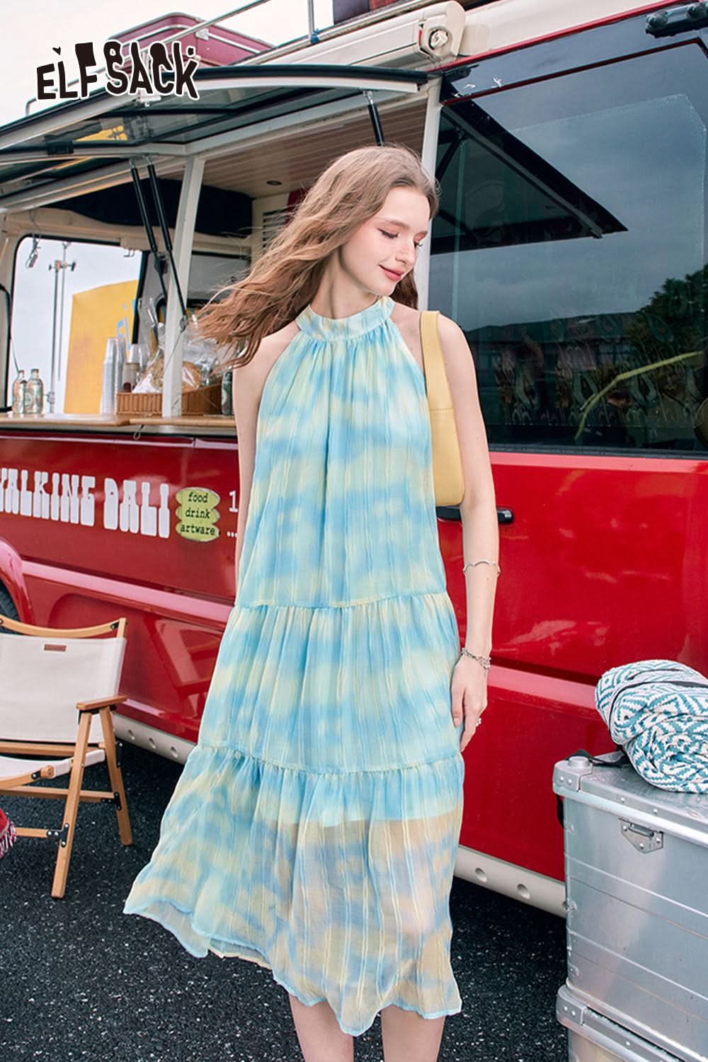 ELFSACK French gradient hanging neck dress, women's sleeveless temperament, vacation style long dress