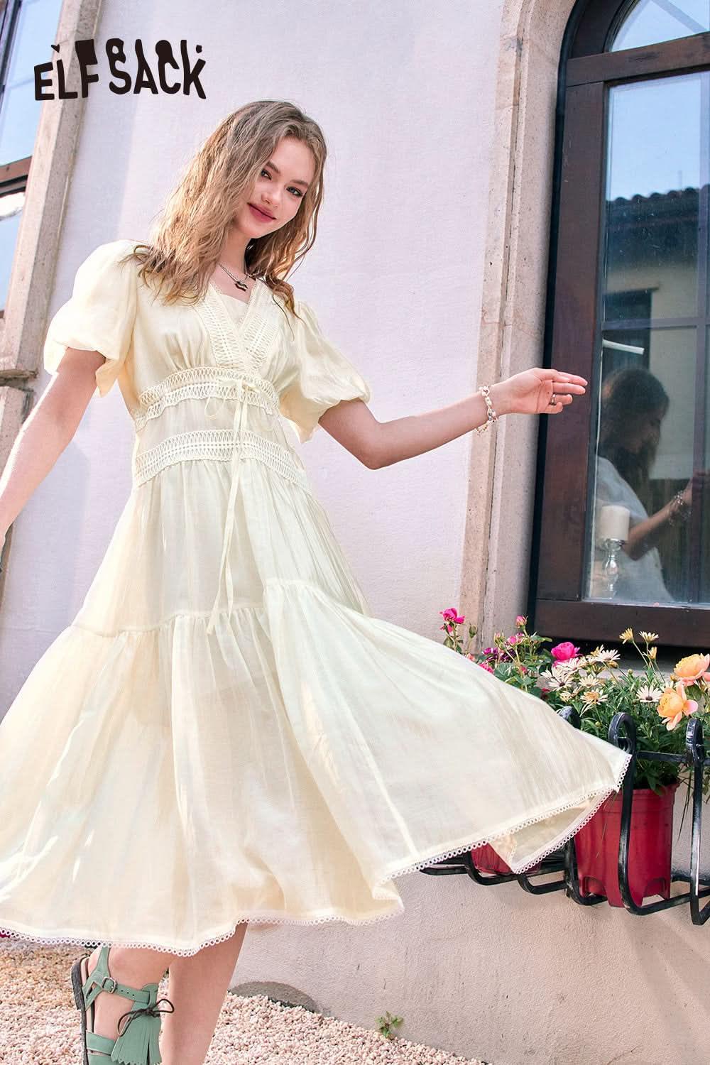 ELFSACK French V-neck puff sleeve gentle temperament solid color dress
