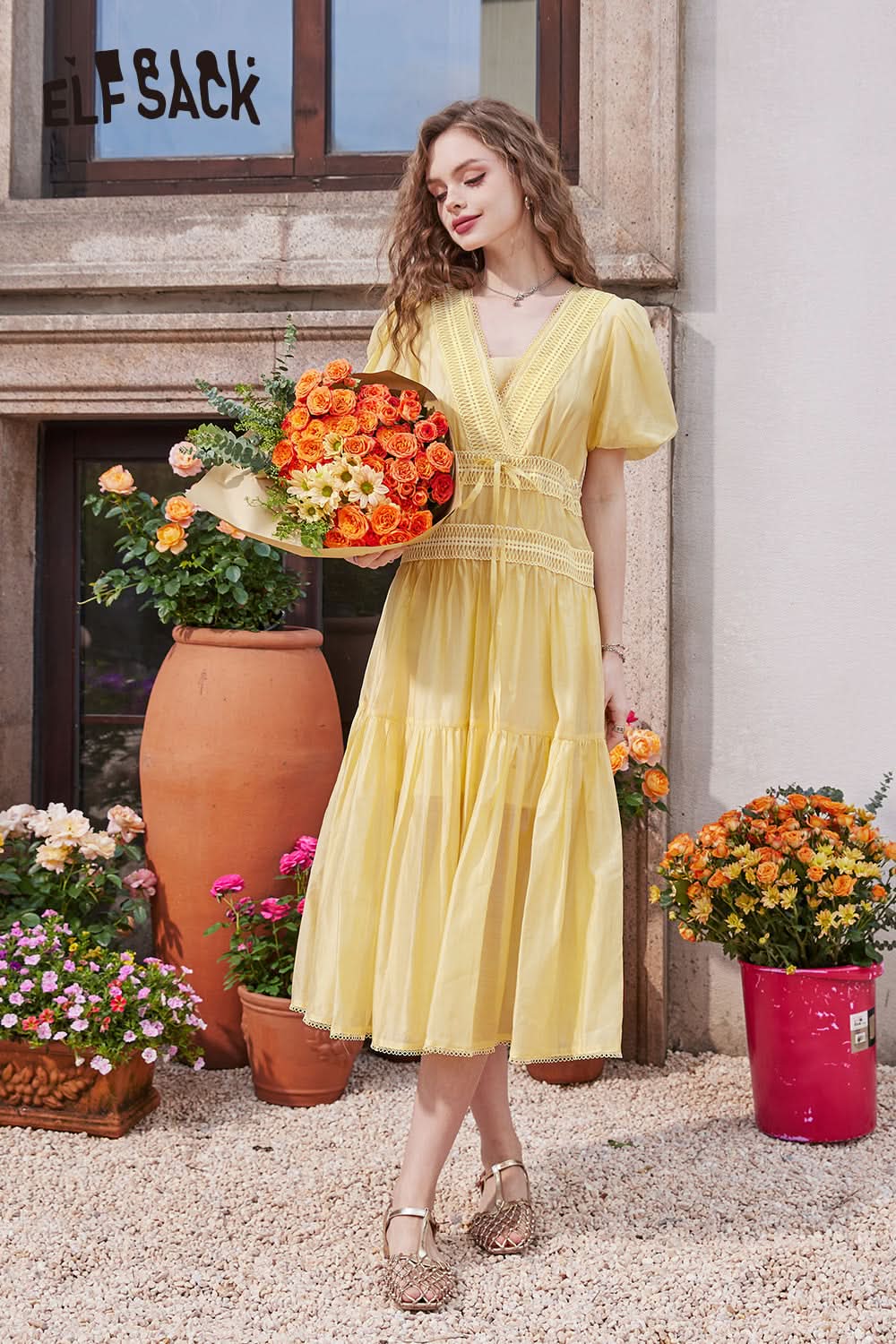 ELFSACK French V-neck puff sleeve gentle temperament solid color dress