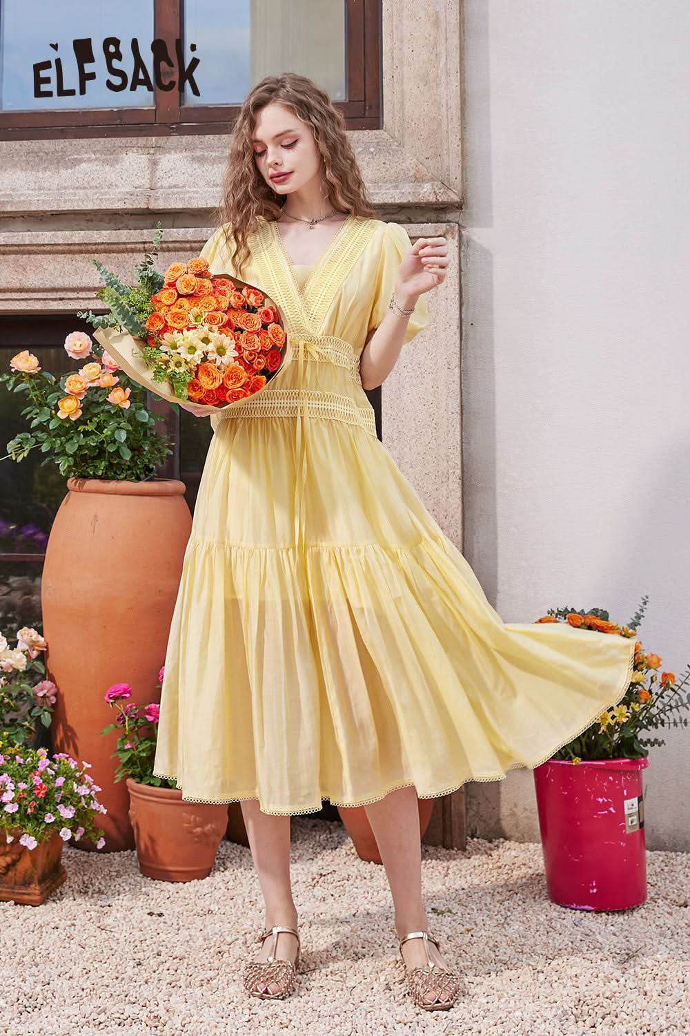 ELFSACK French V-neck puff sleeve gentle temperament solid color dress