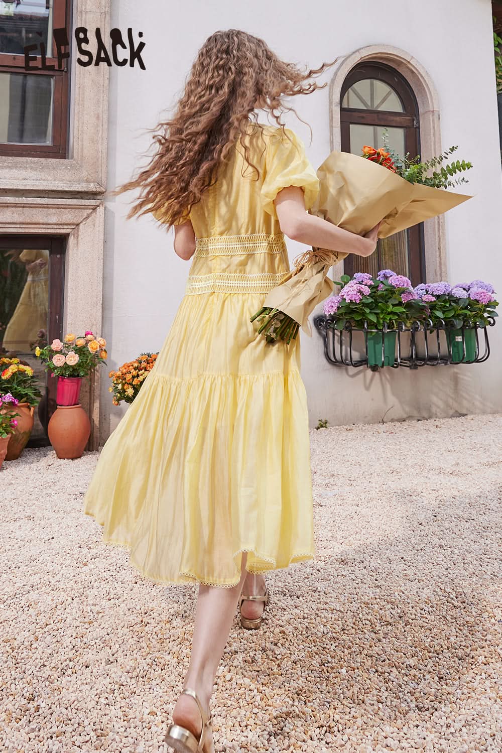 ELFSACK French V-neck puff sleeve gentle temperament solid color dress