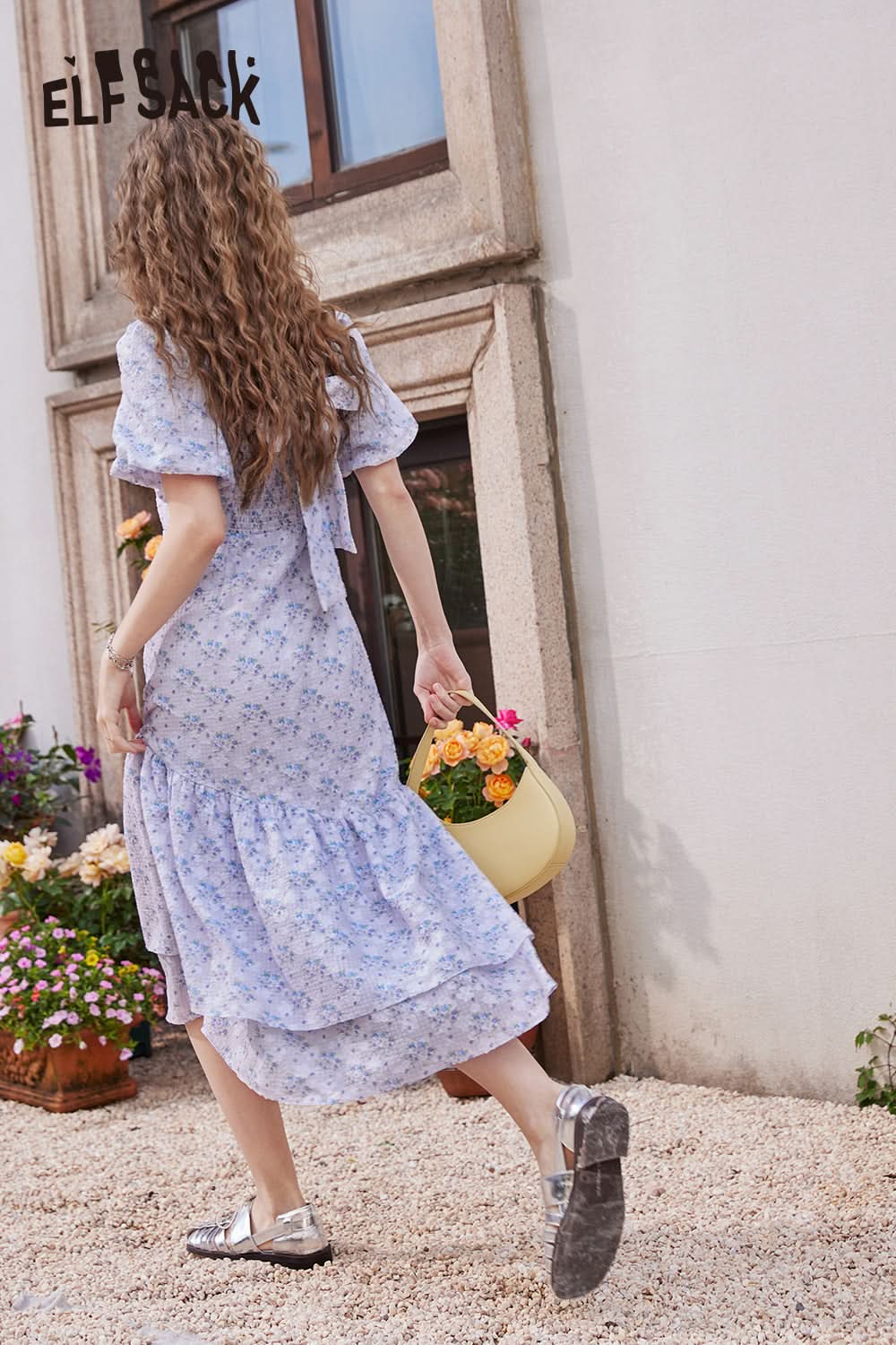 ELFSACK Ruffled puff sleeves floral temperament gentle holiday dress