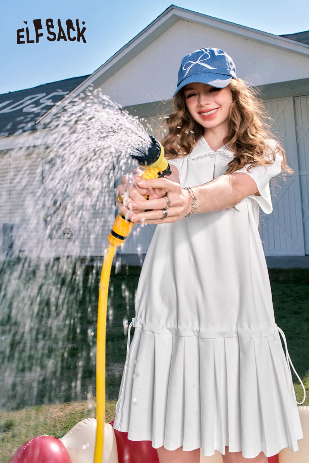 ELFSACK White pleated preppy style cute age-reducing shirt dress