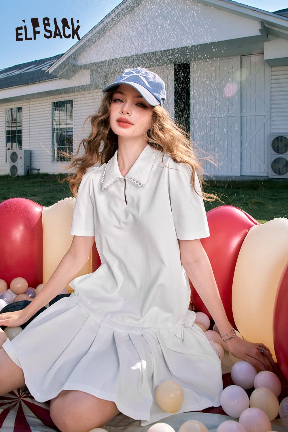 ELFSACK White pleated preppy style cute age-reducing shirt dress