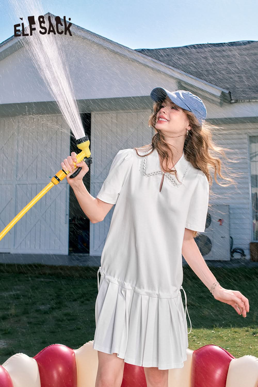 ELFSACK White pleated preppy style cute age-reducing shirt dress