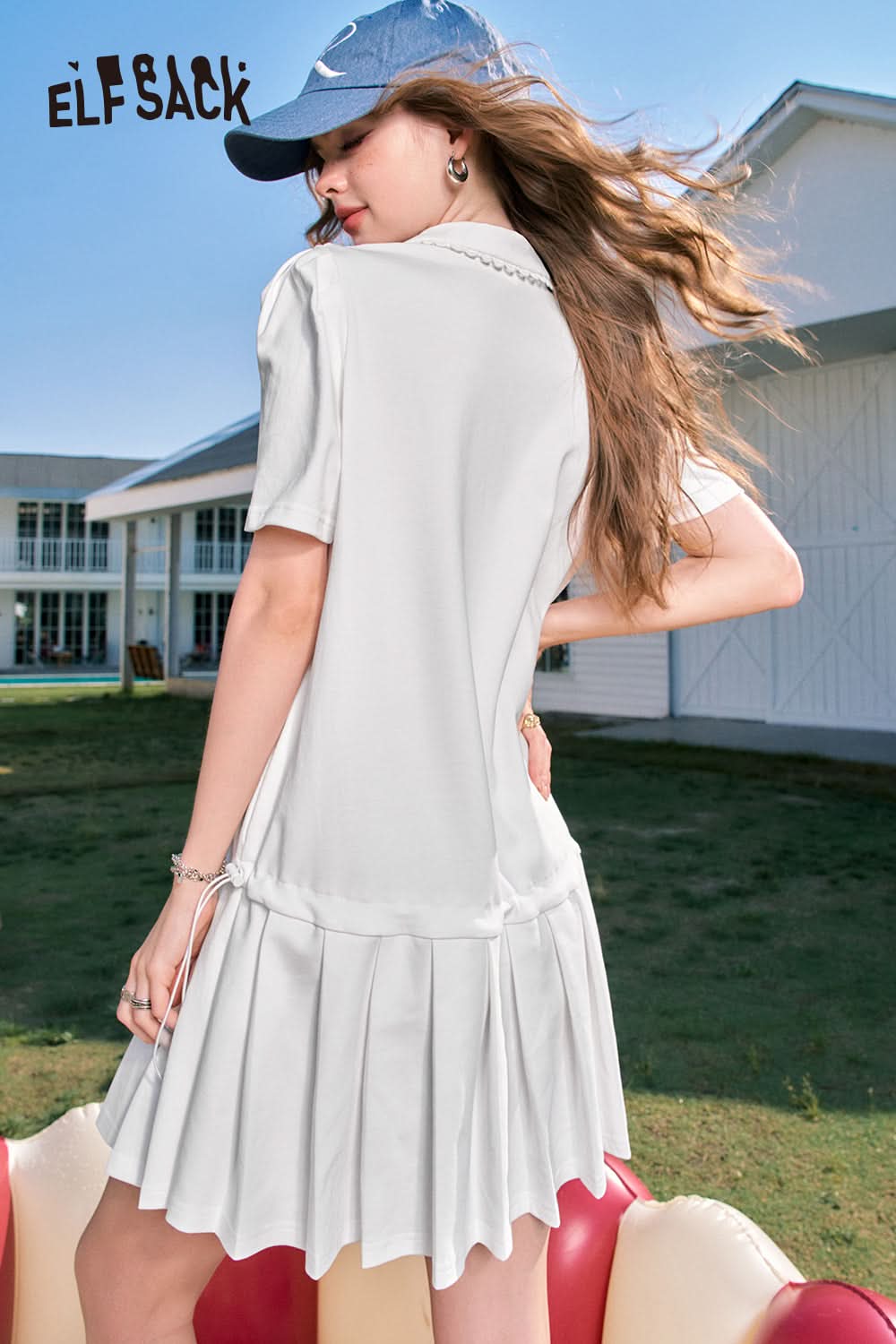 ELFSACK White pleated preppy style cute age-reducing shirt dress