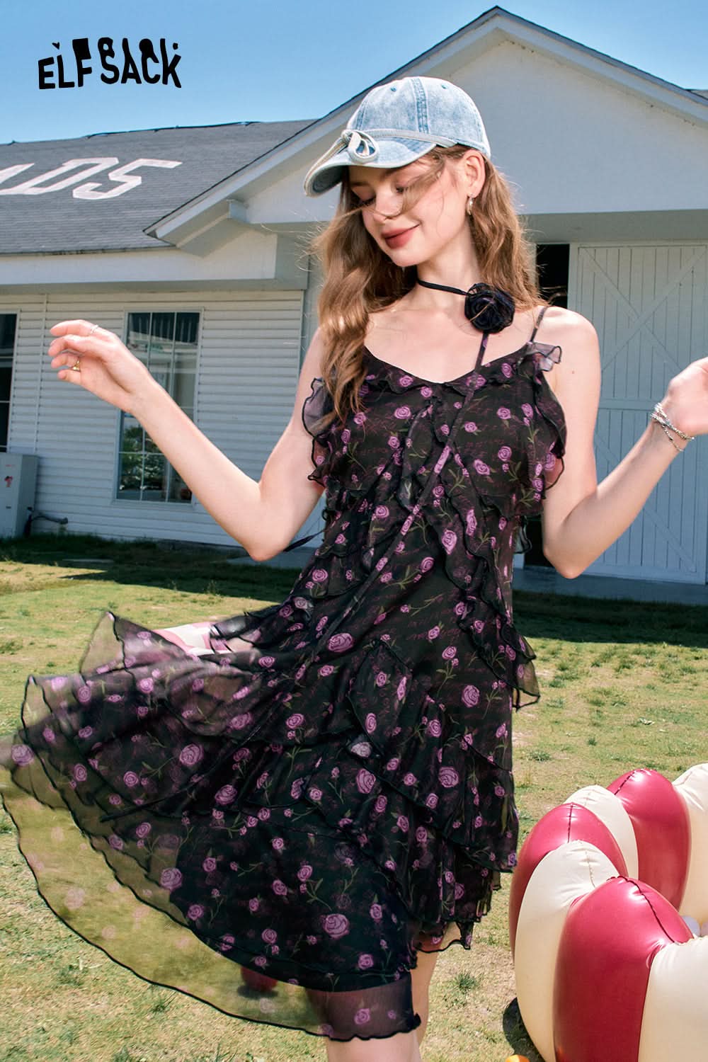 ELFSACK French beige floral waist slimming gentle style holiday suspender dress