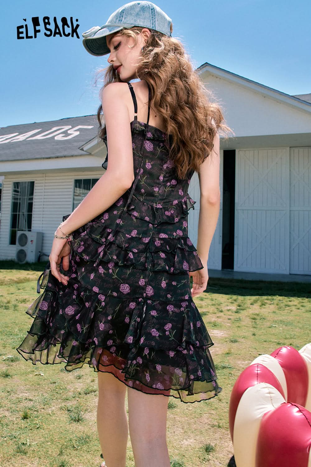 ELFSACK French beige floral waist slimming gentle style holiday suspender dress