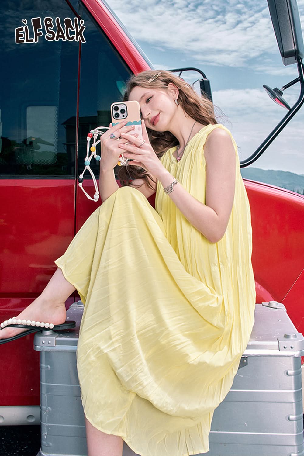 ELFSACK French sleeveless dress, feminine and artistic style long skirt