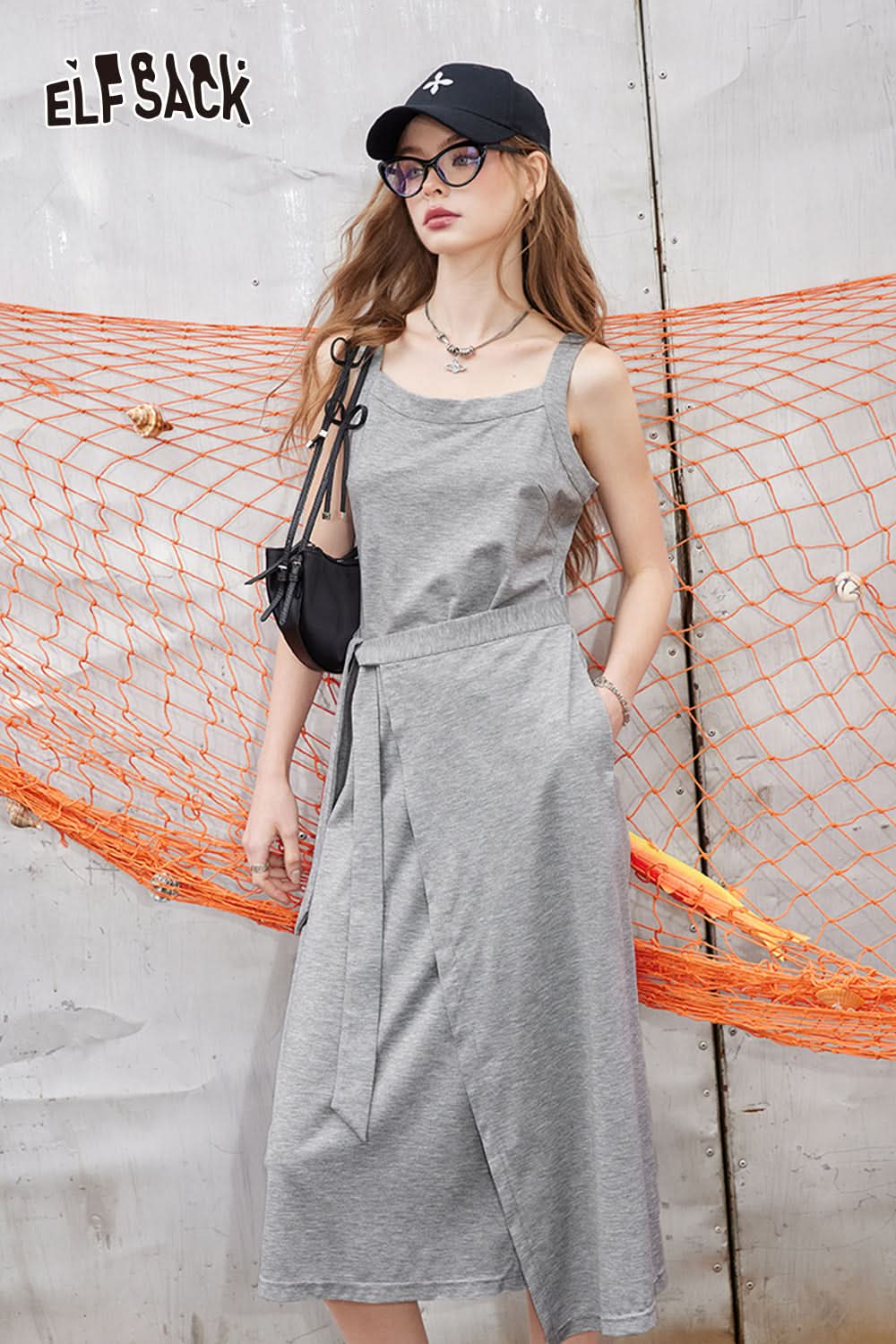 ELFSACK Grey casual camisole dress, sleeveless vest dress