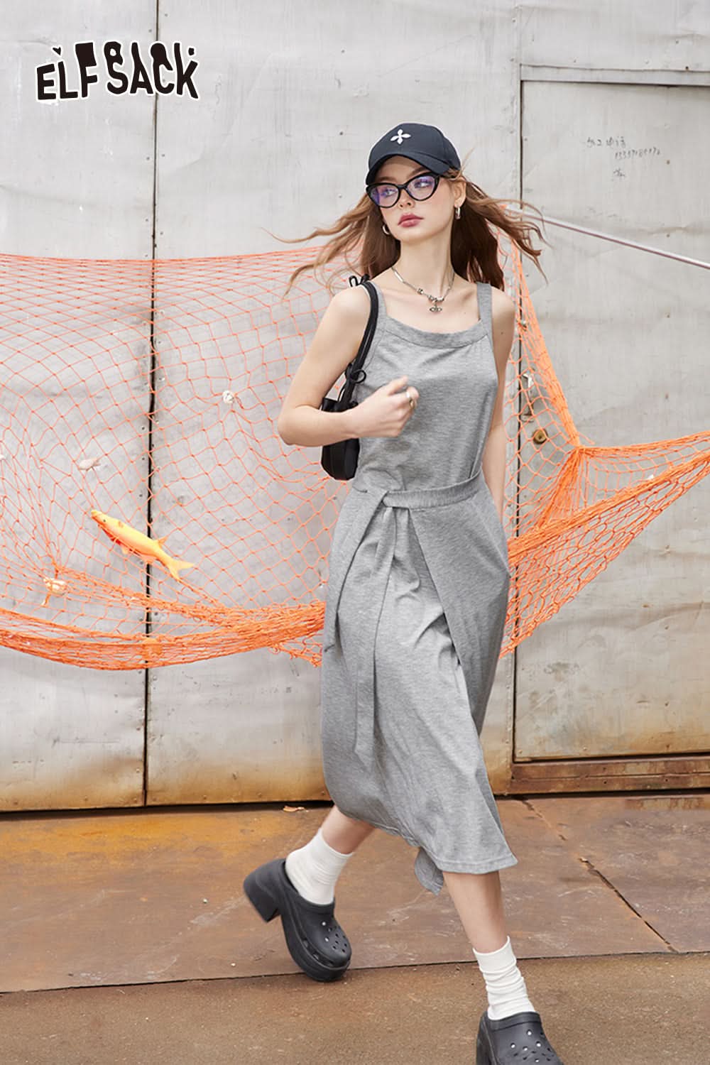 ELFSACK Grey casual camisole dress, sleeveless vest dress