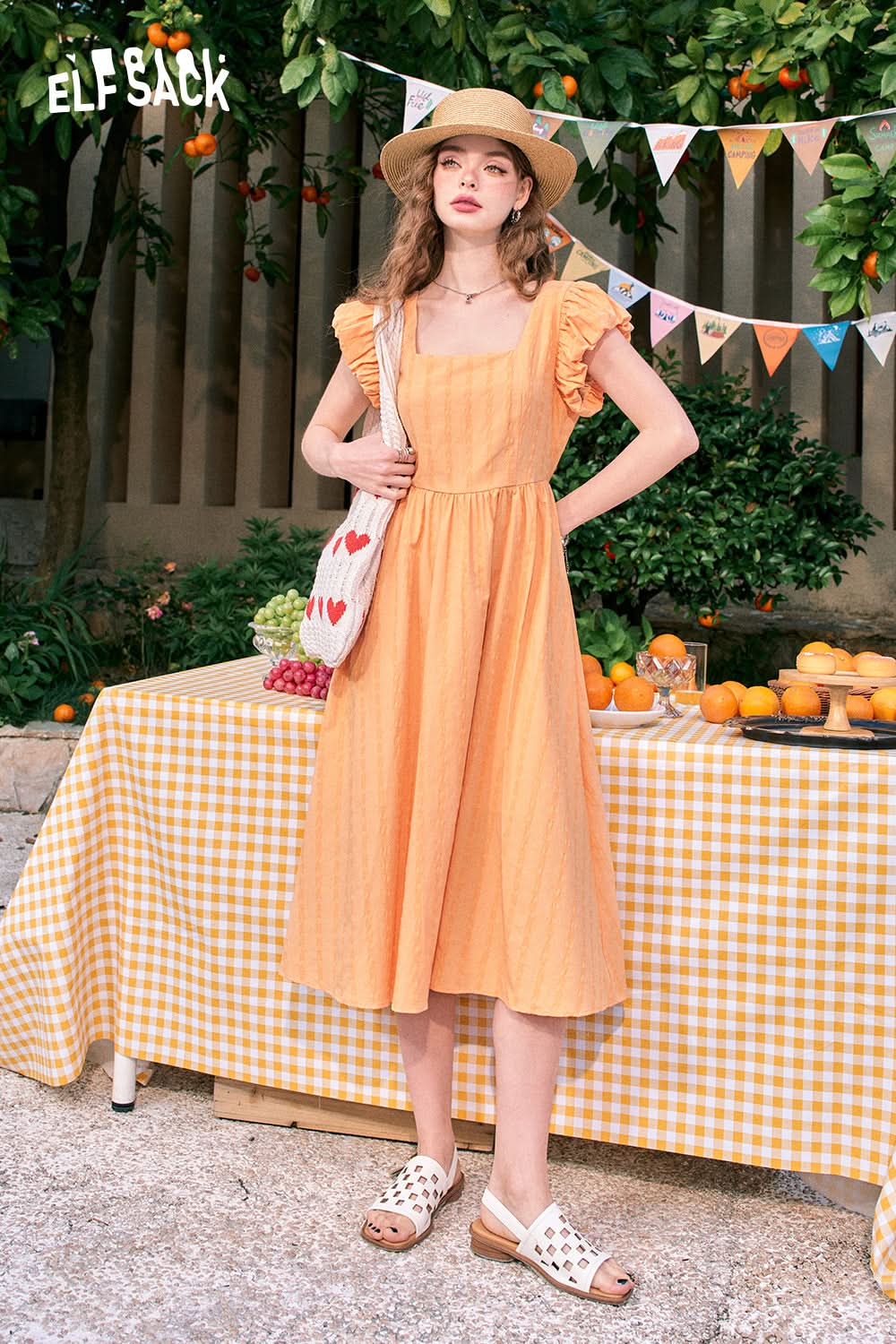 ELFSACK Puff sleeve French square neck slim waist dress
